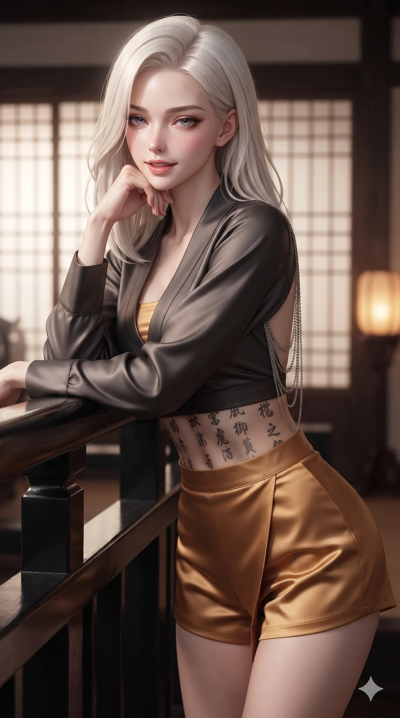 score_9, masterpiece, best quality, ultra-detailed, high-budget anime keyframe, editorial fashion photography, tasteful artistic composition, Caucasian woman. close-up cowboy shot from the waist and thighs up, the character dominates the composition, filling the frame with her large presence. resting one elbow on the lacquered balustrade and supporting her chin, leaning close to the camera with heavy-lidded sparkling eyes and parted lips while twisting her slender torso in an alluring contrapposto stance, ink brush scroll characters casting dramatic silhouettes across her flat midriff. The background shows a soft-focus imperial scholar academy hall softened in scholarly sanctuary shallow focus. She has an exceptionally elegant, slender, and willowy female figure with an ultra-slim waist, flat toned midriff, narrow ribcage, and sculpted feminine hips creating an alluring, slim hourglass silhouette without bulk. sharp v-shaped jawline, high-bridge nose, sparkling eyes with hypnotic seductive depth, thick curled eyelashes, glossy parted lips with a natural dewy peach sheen, alluring bedroom-eyes with an enchanting coquettish smile, exuding magnetic siren charisma and sophisticated glamour, flawlessly proportioned anatomical accuracy, strict slender model proportions, natural body alignment, perfectly sculpted long slender limbs, ultra-slim waistline, clean dynamic posture without body distortion. wearing a deep V-neck wrap jeogori blouse layered over an opaque silk bandeau and high-waisted wrap shorts in smoked agarwood charcoal and warm honey amber, tailored from smooth liquid silk satin with a natural dewy moonlight sheen, accented with an open-back drape framed by falling strands of delicate chrome chains, the bespoke structured tailoring following the natural line of her 8.5-heads silhouette with refined elegance. bathed in soft diffuse light filtering through paper shoji screens and warm oil lamp glow. ultra-reflective glossy finish, specular highlights, rich textural contrasts, high-contrast stereoscopic depth, volumetric dynamic lighting, 2k, ultra detail, master piece, 9:16 ratio