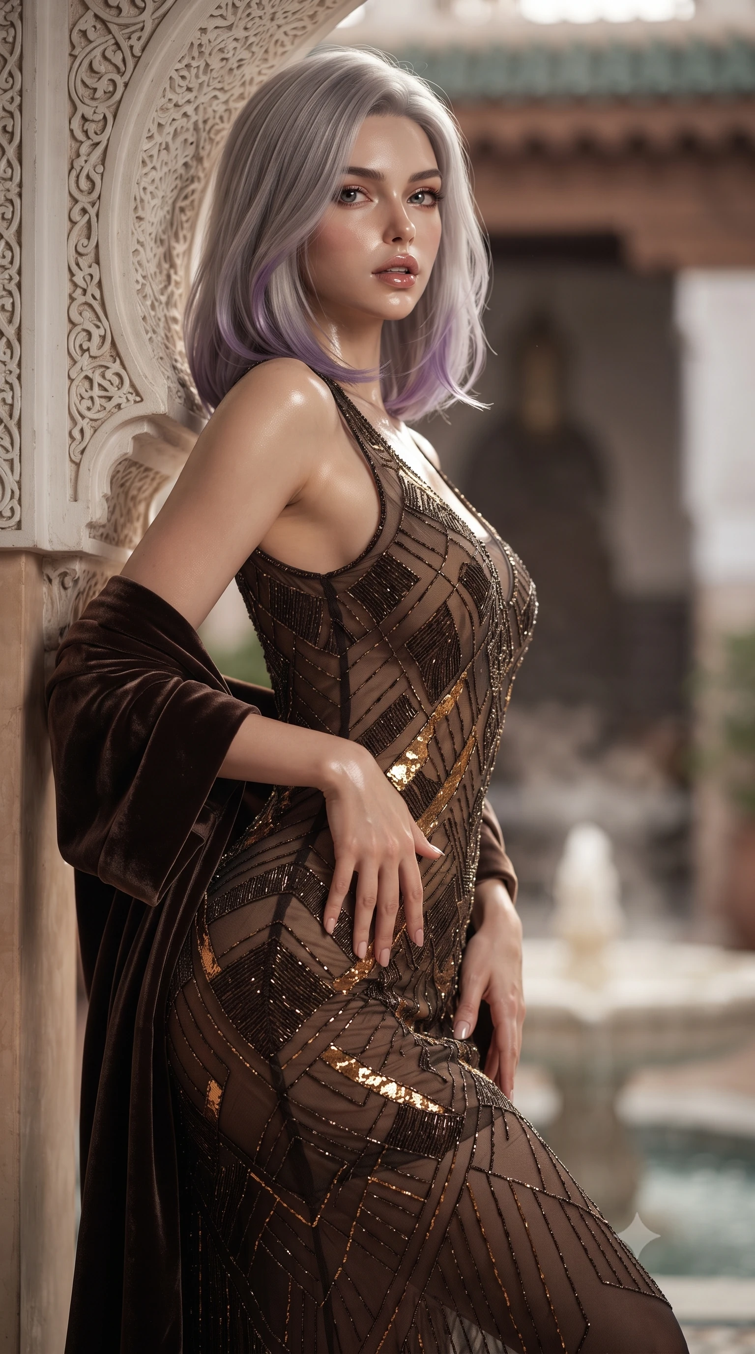 score_9, masterpiece, best quality, ultra-detailed, high-budget anime keyframe, editorial fashion photography, tasteful artistic composition, Caucasian woman. close-up cowboy shot from the waist and thighs up, the character dominates the composition, filling the frame with her large presence. resting one manicured hand delicately on her hip bone, her upper body turning in a fluid, seductive S-curve while parted lips glisten in the light while leaning against an ornate horseshoe archway carved with delicate stucco lace, looking back over her bare shoulder with sun-dazed bedroom-eyes. The composition keeps background elements in soft focus with creamy bokeh. steaming mosaic fountain water and carved cedar rafters softened in exotic shallow focus. She has an exceptionally elegant, slender, and willowy female figure with an ultra-slim waist, flat toned midriff, narrow ribcage, and sculpted feminine hips creating an alluring, slim hourglass silhouette without bulk. sharp v-shaped jawline, high-bridge nose, intricate jewel-like eyes with depth, thick eyelashes, glossy parted lips with a natural sheen, intensely captivating and seductive bedroom-eyes expression, flawlessly proportioned anatomical accuracy, strict slender model proportions, natural body alignment, perfectly sculpted long slender limbs, ultra-slim waistline, clean dynamic posture without body distortion. wearing a sheer vintage mesh flapper dress adorned with intricate geometric beadwork over an opaque silk slip in dark espresso brown and molten gold foil, crafted from heavyweight crushed silk velvet with liquid vintage luster, complemented by a plush velvet shawl draped loosely over her elbows, the form-contouring material adhering flawlessly to her sculpted flat midriff and slender torso, emphasizing her long leg lines and perfectly proportioned willowy build. illuminated by wet specular pool highlights accentuating her slender neckline, narrow waist, and curvy hips. ultra-reflective glossy finish, specular highlights, rich textural contrasts, high-contrast stereoscopic depth, volumetric dynamic lighting, 2k, ultra detail, master piece, 9:16 ratio