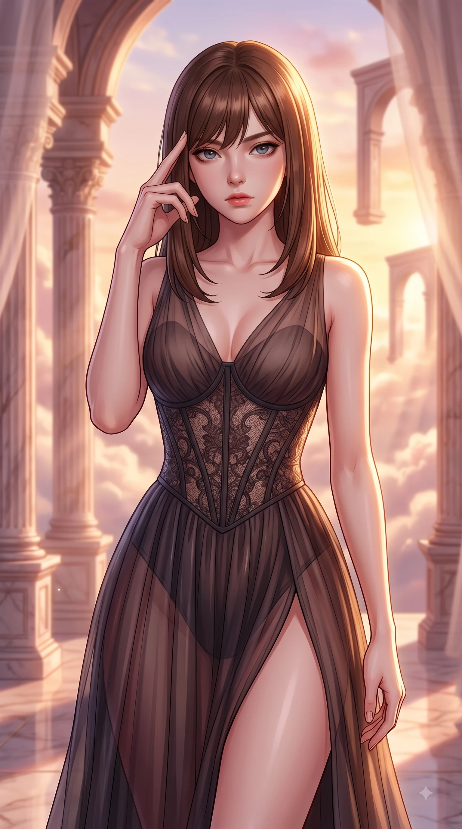 score_9, masterpiece, best quality, ultra-detailed, high-budget anime keyframe, editorial fashion photography, tasteful artistic composition, Korean woman woman. close-up cowboy shot from the waist and thighs up, the character dominates the composition, filling the frame with her large presence, background elements kept in soft focus. She has an exceptionally elegant, slender, and willowy female figure with an ultra-slim waist, a gracefully sculpted slender torso, and a refined silhouette. pressing two fingers to her temple in a composed gesture, gazing past the camera with sharp focus, flawlessly proportioned anatomical accuracy, natural body alignment, perfectly sculpted elegant limbs, clean dynamic posture without body distortion. set against a soft-focus background of a rose-gold floating cloud sanctuary with marble colonnades. wearing a dark sheer tulle evening gown with an intricate lace corset and daring thigh-high slit. bathed in warm sunset sunbeams slicing through misty cloud drapes with a golden rim light. highly saturated vibrant anime colors, detailed shading with soft gradients, rich glossy textures, high-contrast stereoscopic depth, volumetric dynamic lighting, master piece, 9:16 ratio