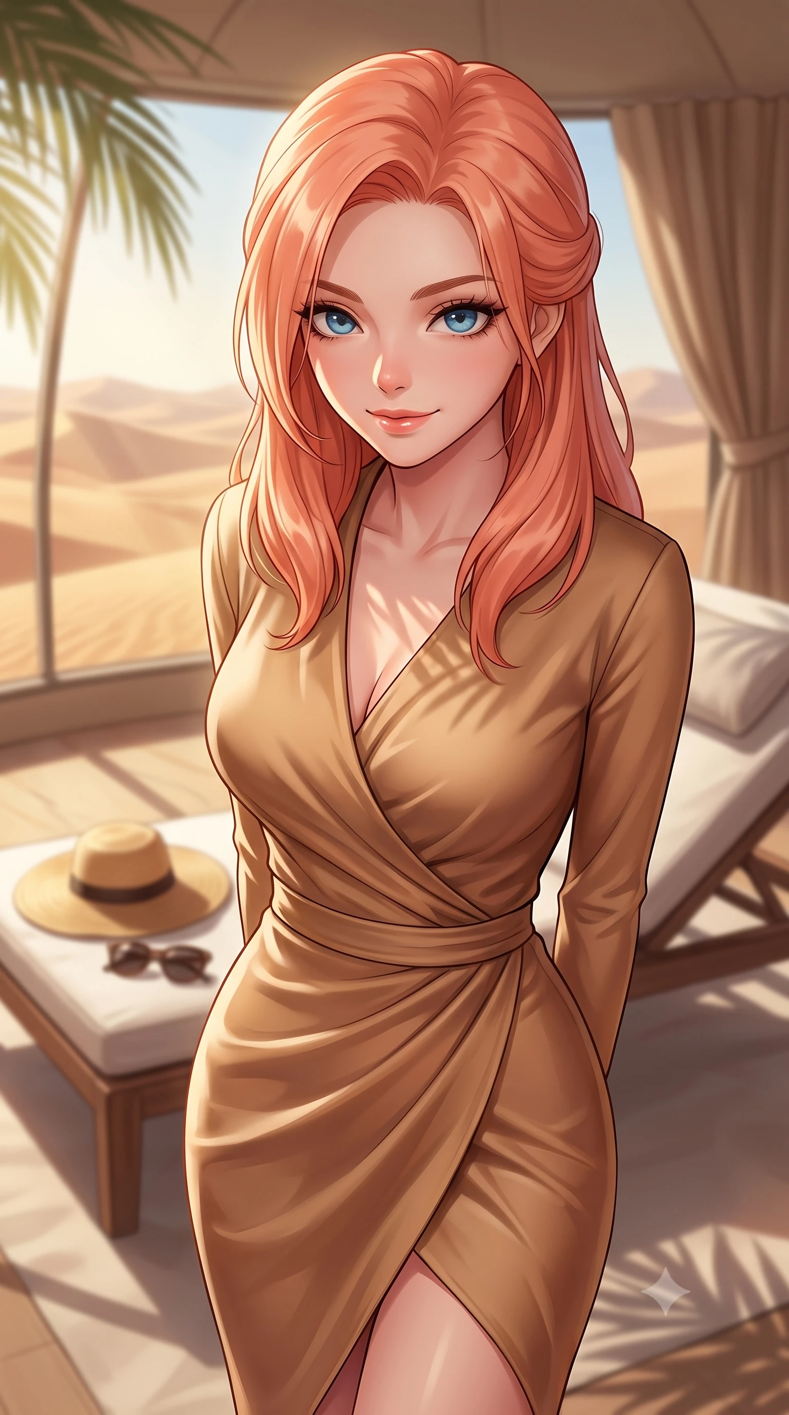 score_9, masterpiece, best quality, ultra-detailed, high-budget anime keyframe, editorial fashion photography, tasteful artistic composition, Japanese woman. close-up cowboy shot from the waist and thighs up, the character dominates the composition, filling the frame with her large presence, background elements kept in soft focus. tilting her chin down slightly, looking up at the viewer with a sweet, charming smile set against a soft-focus background of inside a luxury dome resort room with a large panoramic window showing sand dunes with a straw sunhat and a pair of sunglasses resting on the lounge chair. She has an exceptionally elegant, slender, and willowy female figure with an ultra-slim waist, a gracefully sculpted slender torso, and a refined silhouette. sharp v-shaped jawline, high-bridge nose, intricate jewel-like eyes with depth, thick eyelashes, glossy lips with a natural sheen. wearing tailored form-contouring silk wrap dress in camel, outlining her slender waist. soft afternoon sunbeams filtering through the palm leaves, casting gentle shadows. highly saturated vibrant anime colors, detailed shading with soft gradients, rich glossy textures, high-contrast stereoscopic depth, volumetric dynamic lighting, master piece, 9:16 ratio
