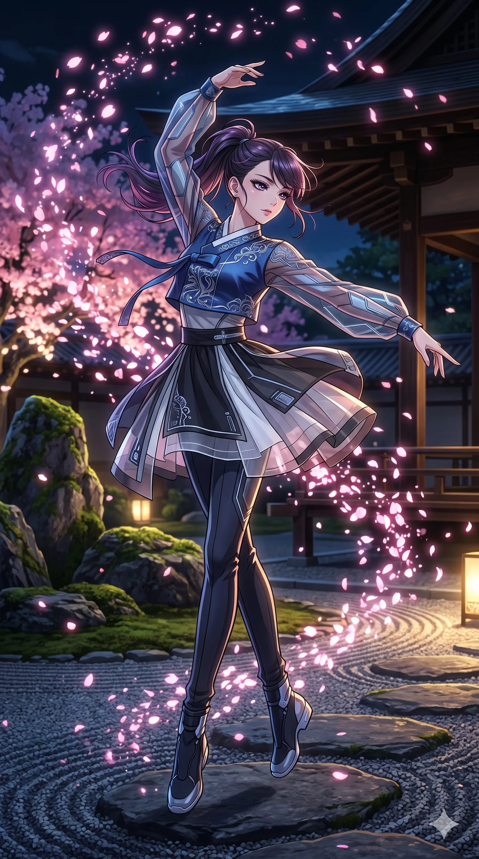 score_9, masterpiece, best quality, ultra-detailed, high-budget anime movie keyframe, cinematic anime lighting, intricate line art, Japanese anime girl. Mid-air action shot capturing a graceful twist and vertical silhouette. dancing amidst a blizzard of digital sakura petals in a zen garden. She has an absolutely perfect 8-heads proportion, an exceptionally tall and slender female figure with an ultra-slim waist and impossibly long slender legs. strictly human anatomy, two legs only, no extra limbs, clearly defined legs and arms, perfect anatomy, perfect hands and fingers. sharp v-shaped jawline, high-bridge nose, intricate jewel-like eyes, thick eyelashes, glossy lips. Wearing Modern Traditional: Shortened cyber-hanbok with fusion silk robes and transparent panels. The scene is illuminated by dramatic atmospheric lighting and vibrant color palettes. , 2k, ultra detail, master piece, 9:16 ratio