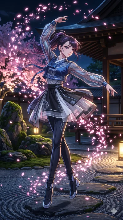 score_9, masterpiece, best quality, ultra-detailed, high-budget anime movie keyframe, cinematic anime lighting, intricate line art, Japanese anime girl. Mid-air action shot capturing a graceful twist and vertical silhouette. dancing amidst a blizzard