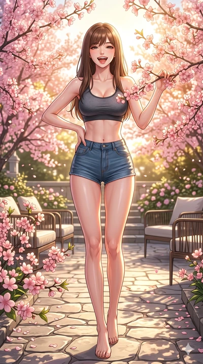 score_9, masterpiece, best quality, ultra-detailed, high-budget anime keyframe, vibrant anime aesthetic, Korean woman. low angle full-body shot from head to toe showing her feet, filling the entire 9:16 vertical frame with her statuesque presence, st