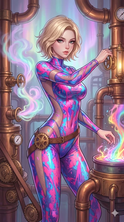score_9, masterpiece, best quality, ultra-detailed, high-budget anime keyframe, Korean woman. upper body close-up from the thighs up, character filling the screen for maximum presence. operating a steampunk aurora foundry surrounded by massive copper