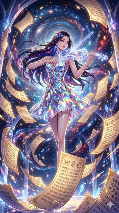 score_9, masterpiece, best quality, ultra-detailed, Set A: High-budget Anime Keyframe, Korean woman. Low angle cowboy shot filling the entire 9:16 frame with her statuesque presence. Theme: Abstract Cosmic. playing a holographic violin in a temple ma