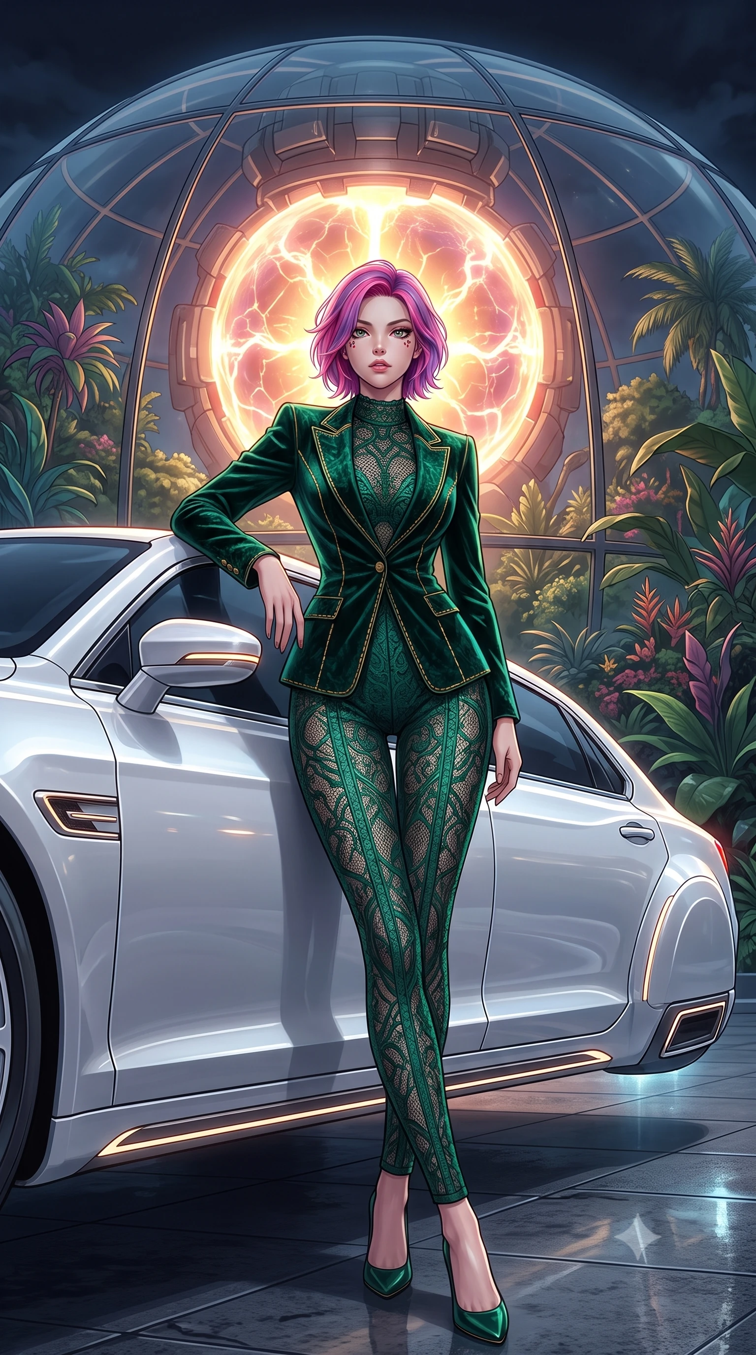 score_9, masterpiece, best quality, ultra-detailed, High-budget Anime Keyframe, Caucasian woman, strictly human ears. Low angle cowboy shot filling the entire 9:16 frame with her statuesque presence. Scenario 445: leaning against a sleek white hover-limousine by a secret bio-dome containing a giant glowing fusion reactor. Her presence is magnetic and overpowering in this high-budget anime scene. Outfit 445: a tailored emerald green micro-mesh lace jumpsuit layered under a structured velvet blazer. The clothing is designed to emphasize her exceptionally tall and slender 8-heads proportion. 8-heads proportion, towering silhouette, ultra-slim waist. sharp v-shaped jawline, intricate jewel-like eyes with depth, thick eyelashes, glossy lips. 2k, ultra detail, master piece, 9:16 ratio