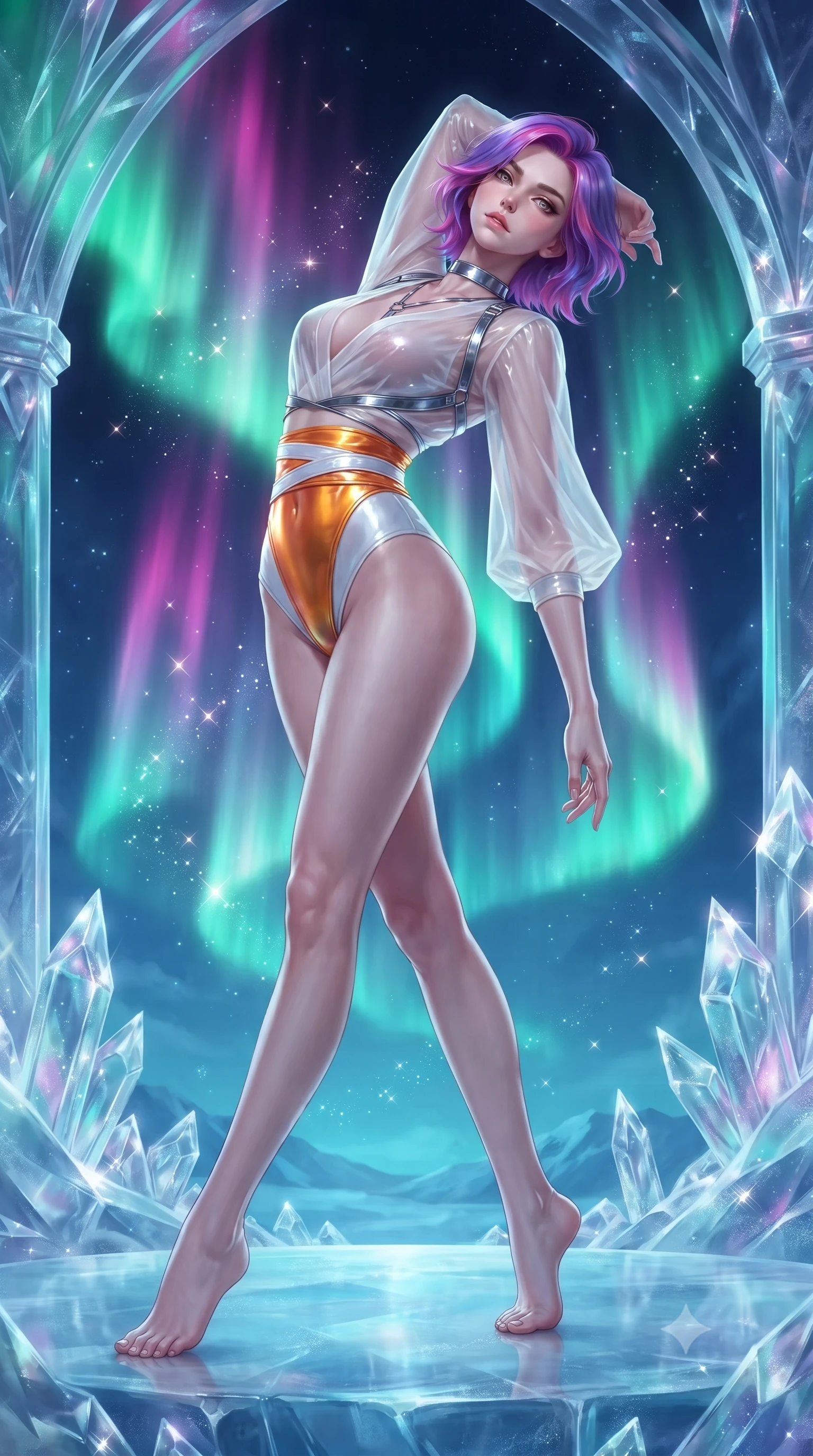 score_9, masterpiece, best quality, ultra-detailed, high-budget anime keyframe, editorial fashion photography, tasteful artistic composition, Caucasian woman. low angle full-body shot from head to toe showing her feet, filling the entire 9:16 vertical frame with her statuesque presence, stretching her vertical silhouette. arching her back in a fluid zero-gravity turn with sovereign grace, her long slender legs and sculpted torso creating a sweeping line while pivoting dynamically on a polished ice dais as emerald and magenta aurora light curtains trace her statuesque silhouette. The surrounding environment is rendered in vivid detail and crisp panoramic clarity. deep ethereal arctic illumination and translucent crystal architecture rendered with environmental sharpness. She has an absolutely perfect, statuesque 8.5-heads proportion, an exceptionally tall and slender model-like female figure with impossibly long slender legs, a toned flat midriff, and an ultra-slim waist. sharp v-shaped jawline, high-bridge nose, intricate jewel-like eyes with depth, thick eyelashes, glossy lips with a natural sheen, flawlessly proportioned anatomical accuracy, strict slender model proportions, natural body alignment, perfectly sculpted long slender limbs, ultra-slim waistline, clean dynamic posture without body distortion. wearing a shortened cyber-fusion wrap top with transparent chiffon panels, a deep crossover neckline, and a high-waisted metallic sash that accentuates her ultra-slim waist in vivid sunset amber orange and cloud white, formed from high-gloss patent material with specular light reflections, reinforced by a sleek metallic chrome harness and delicate glowing micro-straps, the sleek second-skin cut tightly hugging her graceful clavicle, narrow waist, and feminine curves with athletic precision. bathed in glowing emerald and violet aurora borealis radiance and sparkling diamond-dust refractions. ultra-reflective glossy finish, specular highlights, metallic sheen, high-contrast stereoscopic depth, volumetric dynamic lighting, 2k, ultra detail, master piece, 9:16 ratio