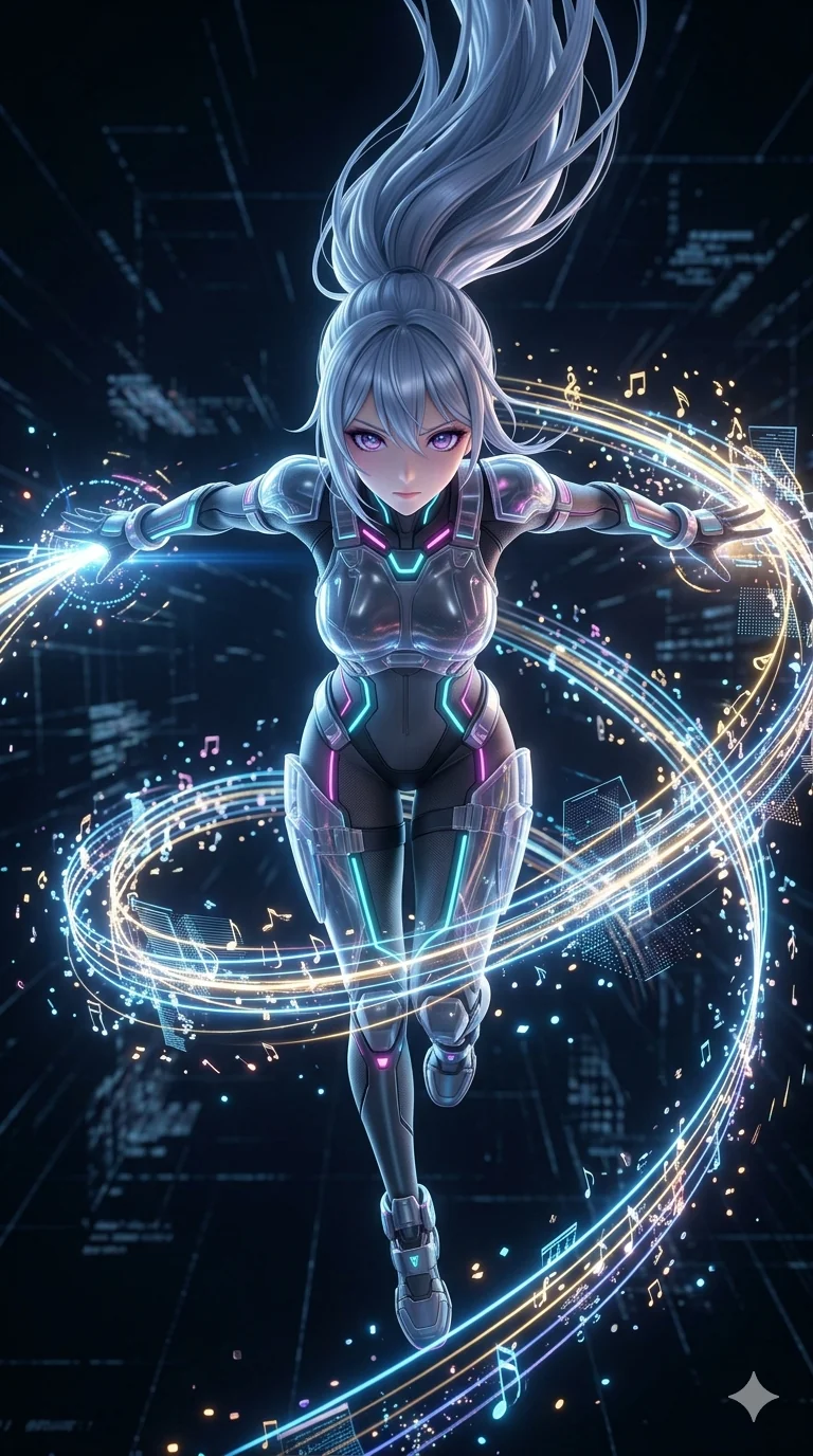 score_9, masterpiece, best quality, ultra-detailed, photorealistic 8k CG, hyper-detailed textures, ray-tracing, Japanese anime girl. Extreme high angle shot as she leaps towards the camera, filling the frame. weaving a symphony of light and sound in a digital void. She has an absolutely perfect 8-heads proportion, an exceptionally tall and slender female figure with an ultra-slim waist and impossibly long slender legs. strictly human anatomy, two legs only, no extra limbs, clearly defined legs and arms, perfect anatomy, perfect hands and fingers. sharp v-shaped jawline, high-bridge nose, intricate jewel-like eyes, thick eyelashes, glossy lips. Wearing Tech-Fantasy: Cybernetic tech-suit with glowing seams, translucent PVC over leotard, and modular tactical gear. The scene is illuminated by dramatic atmospheric lighting and vibrant color palettes. , 2k, ultra detail, master piece, 9:16 ratio