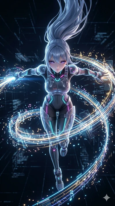 score_9, masterpiece, best quality, ultra-detailed, photorealistic 8k CG, hyper-detailed textures, ray-tracing, Japanese anime girl. Extreme high angle shot as she leaps towards the camera, filling the frame. weaving a symphony of light and sound in 