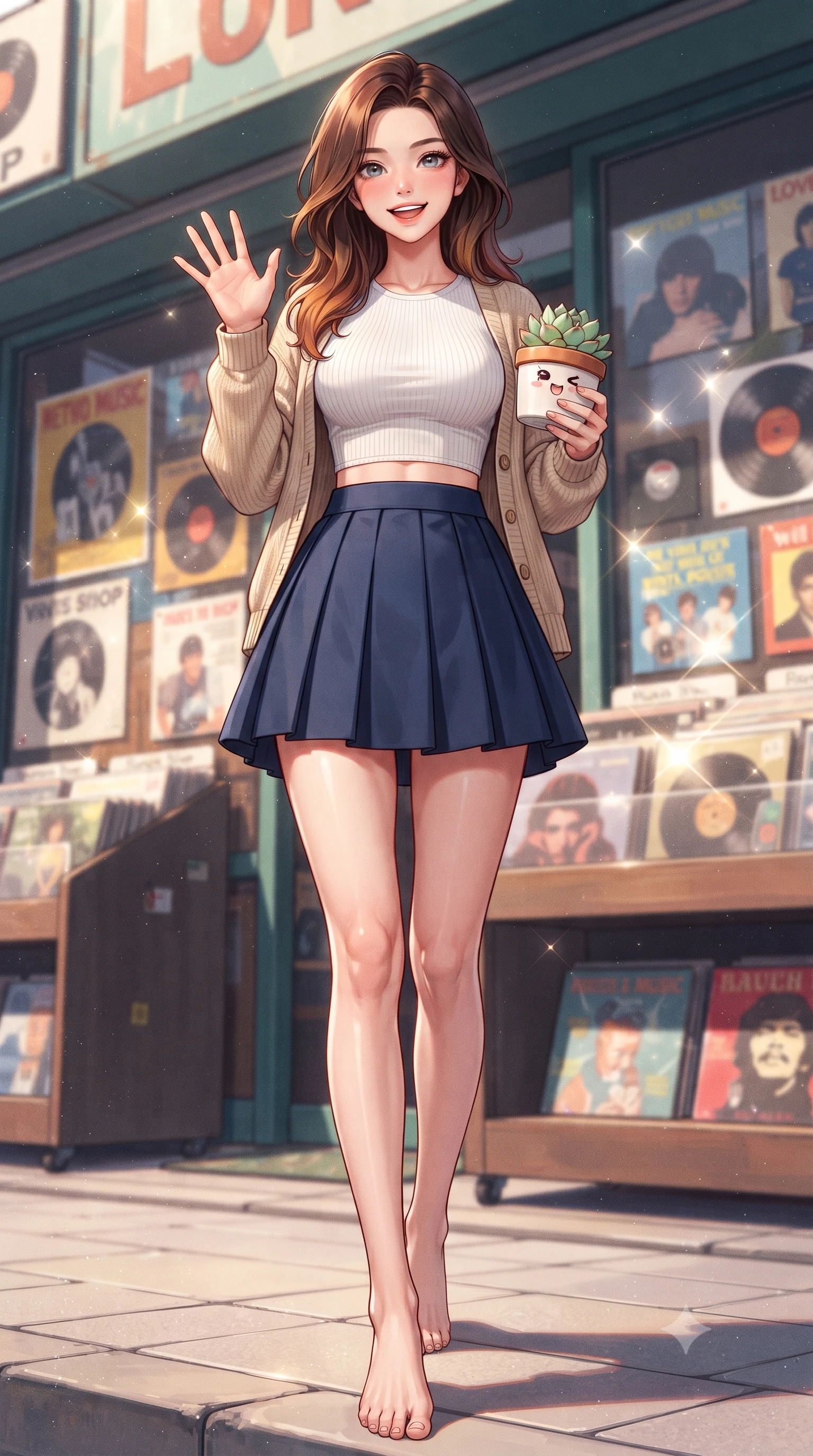 score_9, masterpiece, best quality, ultra-detailed, high-budget anime keyframe, editorial fashion photography, tasteful artistic composition, Korean woman. low angle full-body shot from head to toe showing her feet, filling the entire 9:16 vertical frame with her statuesque presence, stretching her vertical silhouette. stepping forward with a bright, cheerful smile, waving happily at the viewer set against a soft-focus background of in front of a vintage vinyl record shop with retro music posters in the window holding a small potted succulent with a delighted, cute expression. She has an absolutely perfect, statuesque 8.5-heads proportion, an exceptionally tall and slender model-like female figure with impossibly long slender legs and an ultra-slim waist. sharp v-shaped jawline, high-bridge nose, intricate jewel-like eyes with depth, thick eyelashes, glossy lips with a natural sheen. wearing body-hugging crop top under an open knit cardigan, paired with a high-waist pleated A-line skirt. bright daylight reflecting off the display cases, creating sparkling glints. highly saturated vibrant anime colors, detailed shading with soft gradients, rich glossy textures, high-contrast stereoscopic depth, volumetric dynamic lighting, master piece, 9:16 ratio
