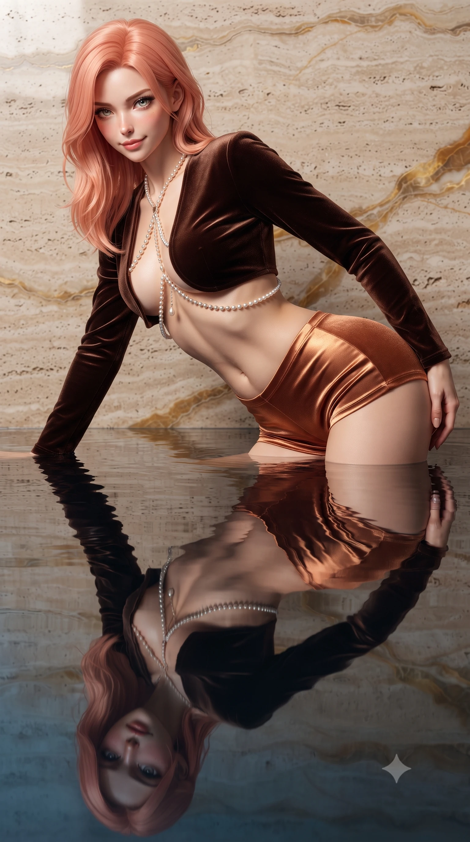 score_9, masterpiece, best quality, ultra-detailed, high-budget anime keyframe, editorial fashion photography, tasteful artistic composition, Japanese woman. close-up cowboy shot from the waist and thighs up, the character dominates the composition, filling the frame with her large presence. leaning forward while arching her lower back to accentuate her curvy hips, looking into the camera with an intoxicating smoldering gaze and bedroom-eyes while twisting her slender torso in an alluring S-curve, mirror-flat water reflecting her form-fitting outfit, flat midriff, and curvy hips. The surrounding environment is rendered in vivid detail and crisp panoramic clarity: sharp Roman travertine porous stone texture, golden onyx veining, and water reflection surface clarity in deep focus. She has an exceptionally elegant, slender, and willowy female figure with an ultra-slim waist, flat toned midriff, narrow ribcage, and sculpted feminine hips creating an alluring, slim hourglass silhouette without bulk. sharp v-shaped jawline, high-bridge nose, sparkling eyes with hypnotic seductive depth, thick curled eyelashes, glossy parted lips with a natural dewy peach sheen, alluring bedroom-eyes with an enchanting coquettish smile, exuding magnetic siren charisma and sophisticated glamour, flawlessly proportioned anatomical accuracy, strict slender model proportions, natural body alignment, perfectly sculpted long slender limbs, ultra-slim waistline, clean dynamic posture without body distortion. wearing a modern two-piece vampire siren set featuring an open-front velvet bolero and curve-hugging satin hot-pants in sultry espresso bronze and metallic copper with velvet sheen, woven from buttery-soft stretch lambskin leather adhering to her body like a second skin, accented with a pearl-drop body harness subtly framing her dewy collarbones and spine, the glove-like clinging cut tightly following the natural contour of her hips and long slender legs with youthful 8.5-heads elegance. illuminated by water pool mirror bounce and sharp warm-gold rim lights defining her razor-sharp jawline, narrow waist, and curvy hips. ultra-reflective glossy finish, specular highlights, rich textural contrasts, high-contrast stereoscopic depth, volumetric dynamic lighting, 2k, ultra detail, master piece, 9:16 ratio