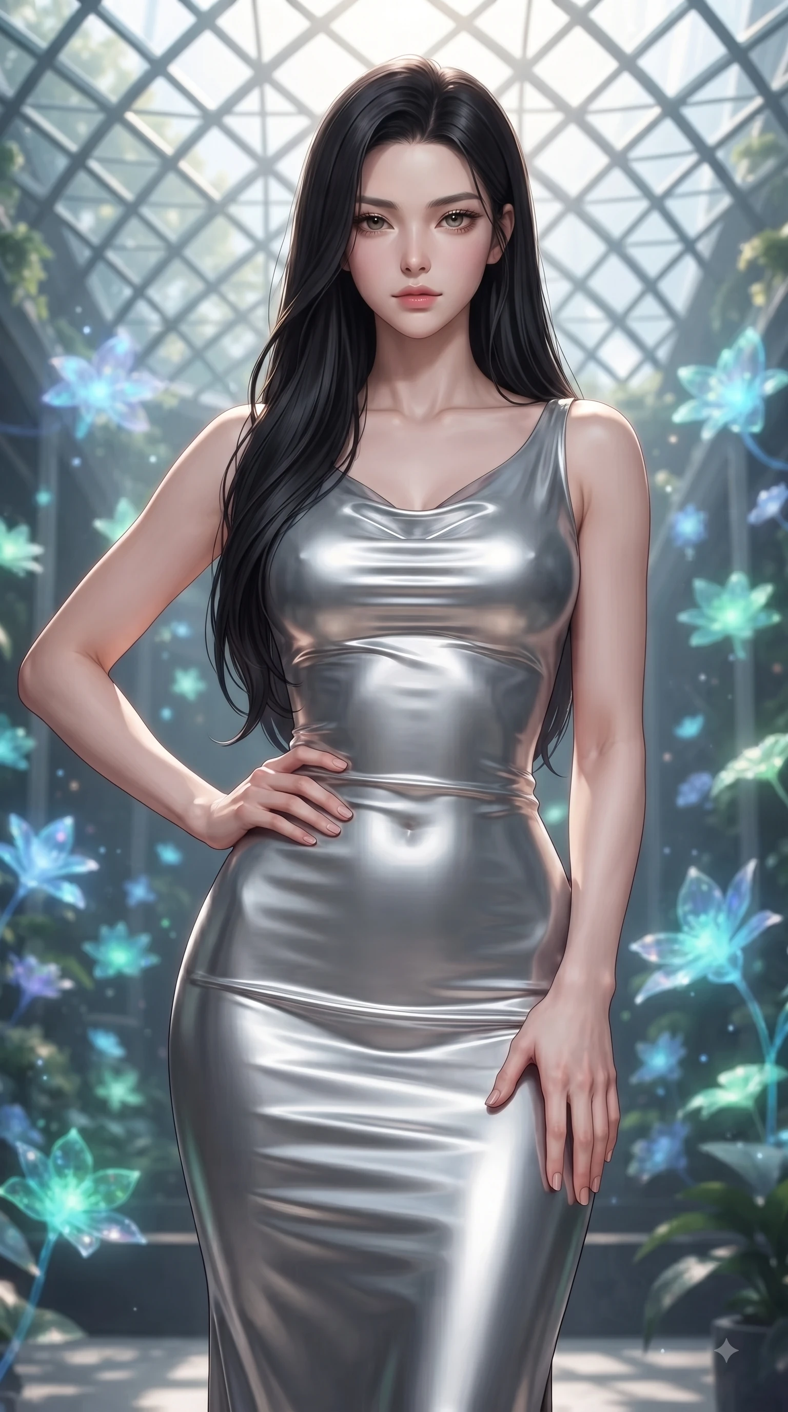 score_9, masterpiece, best quality, ultra-detailed, high-budget anime keyframe, editorial fashion photography, tasteful artistic composition, Korean woman woman. close-up cowboy shot from the waist and thighs up, the character dominates the composition, filling the frame with her large presence, background elements kept in soft focus. She has an exceptionally elegant, slender, and willowy female figure with an ultra-slim waist, a gracefully sculpted slender torso, and a refined silhouette. holding a confident power pose with one hand on her hip, looking directly into the camera with quiet self-assurance, flawlessly proportioned anatomical accuracy, natural body alignment, perfectly sculpted elegant limbs, clean dynamic posture without body distortion. set against a soft-focus background of a futuristic botanical pavilion with floating hologram plants. wearing a sleek bodycon liquid silver jersey dress hugging every curve with a subtle cowl neckline. bathed in dappled morning sunlight filtering through glass roof grid structures. ultra-reflective glossy finish, specular highlights, metallic sheen, high-contrast stereoscopic depth, volumetric dynamic lighting, 2k, ultra detail, master piece, 9:16 ratio