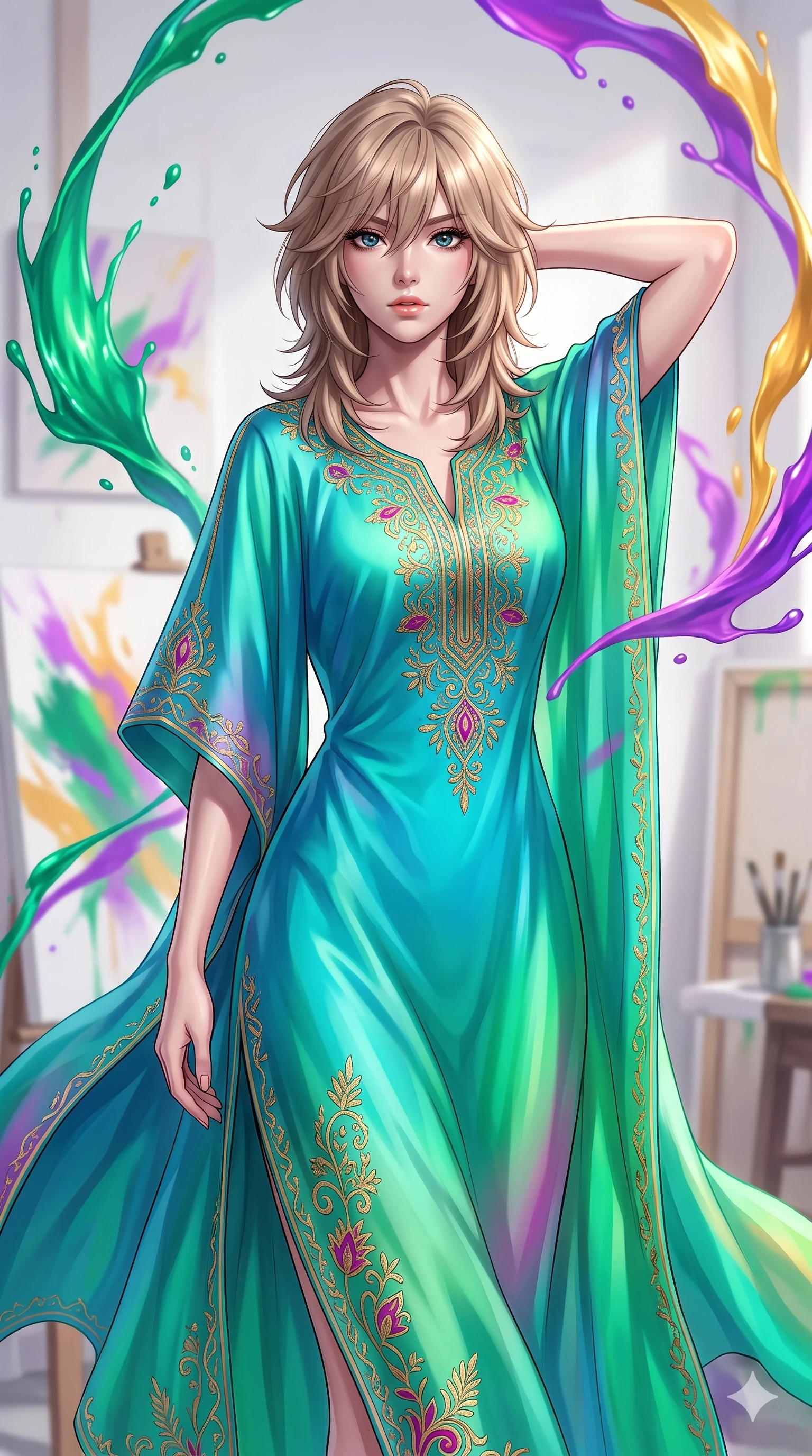 score_9, masterpiece, best quality, ultra-detailed, high-budget anime keyframe, editorial fashion photography, tasteful artistic composition, Japanese woman. close-up cowboy shot from the waist and thighs up, the character dominates the composition, filling the frame with her large presence, background elements kept in soft focus. Placing one hand behind her head with confident body language and a direct stare. set against a soft-focus background of an artist's studio where aurora-colored paint spontaneously erupts from canvases and floats in swirling ribbons through the air creating three-dimensional abstract paintings in space. She has an exceptionally elegant and slender, willowy female figure with an ultra-slim waist, a gracefully sculpted slender torso, and a refined slim physique. sharp v-shaped jawline, high-bridge nose, intricate jewel-like eyes with depth, thick eyelashes, glossy lips with a natural sheen. wearing a flowing silk kaftan dress in a vibrant turquoise and emerald gradient, decorated with intricate gold and magenta embroidery. the floating paint itself glows with aurora colors of emerald green electric violet and solar gold casting shifting colored shadows across the white studio walls. 2k, ultra detail, master piece, 9:16 ratio
