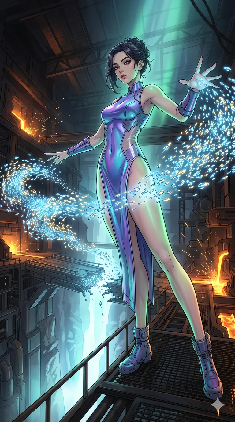 score_9, masterpiece, best quality, ultra-detailed, High-budget Anime Keyframe, vibrant colors, fluid line-art, expressive lighting, cinematic composition, Ufotable-style visual effects, top-tier animation quality, Korean woman with idol-like refined features. Wide-angle low shot emphasizing her impossibly long slender legs and commanding stature. Orchestrating a storm of trillions of nanobots to repair a massive broken bridge over a canyon of light. She has an absolutely perfect 8-heads proportion, an exceptionally tall and slender female figure with impossibly long slender legs and an ultra-slim waist, her statuesque height and towering silhouette dominating the vertical 9:16 frame. Her face is a masterpiece featuring a sharp v-shaped jawline, high-bridge nose, intricate jewel-like eyes with depth, thick eyelashes, and glossy lips with a natural sheen. She is wearing a High-cut leotard with metallic plating and translucent PVC panels on the sides crafted from Iridescent vinyl with a futuristic sheen that shifts between violet and cyan, with a dangerous high slit that showcases her impossibly long slender legs. The scene is set in a gritty industrial factory with glowing molten metal, flying sparks, and deep shadows, illuminated by soft bioluminescent glow from the environment casting ethereal colors on her skin. 2k, ultra detail, master piece, 9:16 ratio