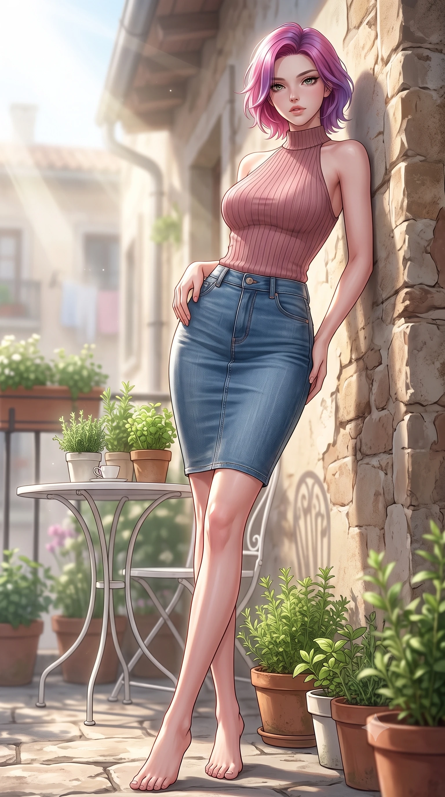 score_9, masterpiece, best quality, ultra-detailed, high-budget anime keyframe, editorial fashion photography, tasteful artistic composition, Caucasian woman woman. low angle full-body shot from head to toe showing her feet, filling the entire 9:16 vertical frame with her statuesque presence, stretching her vertical silhouette. leaning back against a rustic stone wall, casting a slow, alluring gaze at the camera the background shows a soft-focus a residential balcony decorated with potted herbs and a small white bistro set. She has an absolutely perfect, statuesque 8.5-heads proportion, an exceptionally tall and slender model-like female figure with impossibly long slender legs and an ultra-slim waist. sharp v-shaped jawline, high-bridge nose, intricate jewel-like eyes with depth, thick eyelashes, glossy lips with a natural sheen. wearing a tailored form-fitting ribbed knit halter top in dusty rose, paired with a tight-fitting denim skirt. bright morning sun rays creating a fresh and energetic mood. 2k, ultra detail, master piece, 9:16 ratio