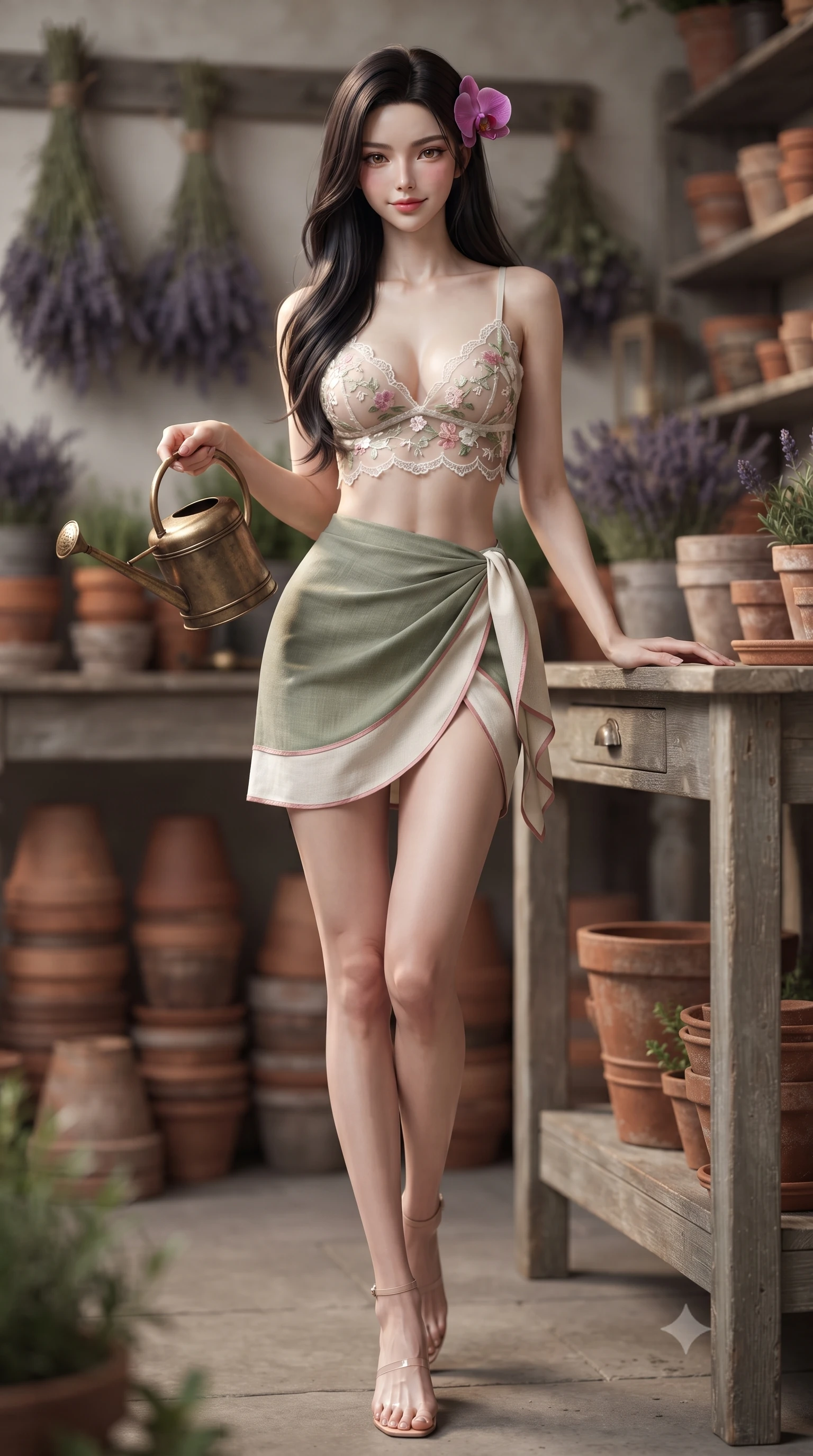 score_9, masterpiece, best quality, ultra-detailed, high-budget anime keyframe, editorial fashion photography, tasteful artistic composition, Korean woman. low angle full-body shot from head to toe showing her feet, filling the entire 9:16 vertical frame with her statuesque presence, stretching her vertical silhouette. stepping slowly toward the camera with hypnotic grace, hips swaying in an alluring sensual rhythm that accentuates her curvy hourglass silhouette and long slender legs while leaning against the weathered cedar potting bench with hips cocked back, holding an antique brass watering can with playful seductive cool. The background shows a soft-focus stacks of antique terracotta pots, bundles of drying lavender, and weathered wooden shelves blurred into clay, lavender, and honey bokeh. She has an absolutely perfect, statuesque 8.5-heads proportion, an exceptionally tall and slender model-like female figure with impossibly long slender legs, an ultra-slim waist, a flat toned midriff, narrow delicate ribcage, and beautifully sculpted feminine hips creating a graceful, slim hourglass silhouette without any bulky heaviness. sharp v-shaped jawline, high-bridge nose, sparkling eyes with hypnotic seductive depth, thick curled eyelashes, glossy parted lips with a natural dewy peach sheen, alluring bedroom-eyes with an enchanting coquettish smile, exuding magnetic siren charisma and sophisticated glamour, flawlessly proportioned anatomical accuracy, strict slender model proportions, natural body alignment, perfectly sculpted long slender limbs, ultra-slim waistline, clean dynamic posture without body distortion. wearing a delicate sheer floral embroidered lace bralette with scalloped hems paired with an ultra-short draped linen wrap mini skirt in botanical sage green and pure pearlescent ivory with rose trims, made of delicate semi-sheer French Chantilly lace with intricate eyelash edges, accented with a fresh-bloomed exotic magenta orchid tucked gracefully into her dark glossy hair, the high-slit wrap tailoring accentuating her ultra-slim waistline and the enchanting curve of her feminine hips with alluring seductive charm. illuminated by terracotta bounce and sharp warm-gold rim lights sculpting her jawline, flat midriff, and voluptuous hip curves. ultra-reflective glossy finish, specular highlights, rich textural contrasts, high-contrast stereoscopic depth, volumetric dynamic lighting, 2k, ultra detail, master piece, 9:16 ratio