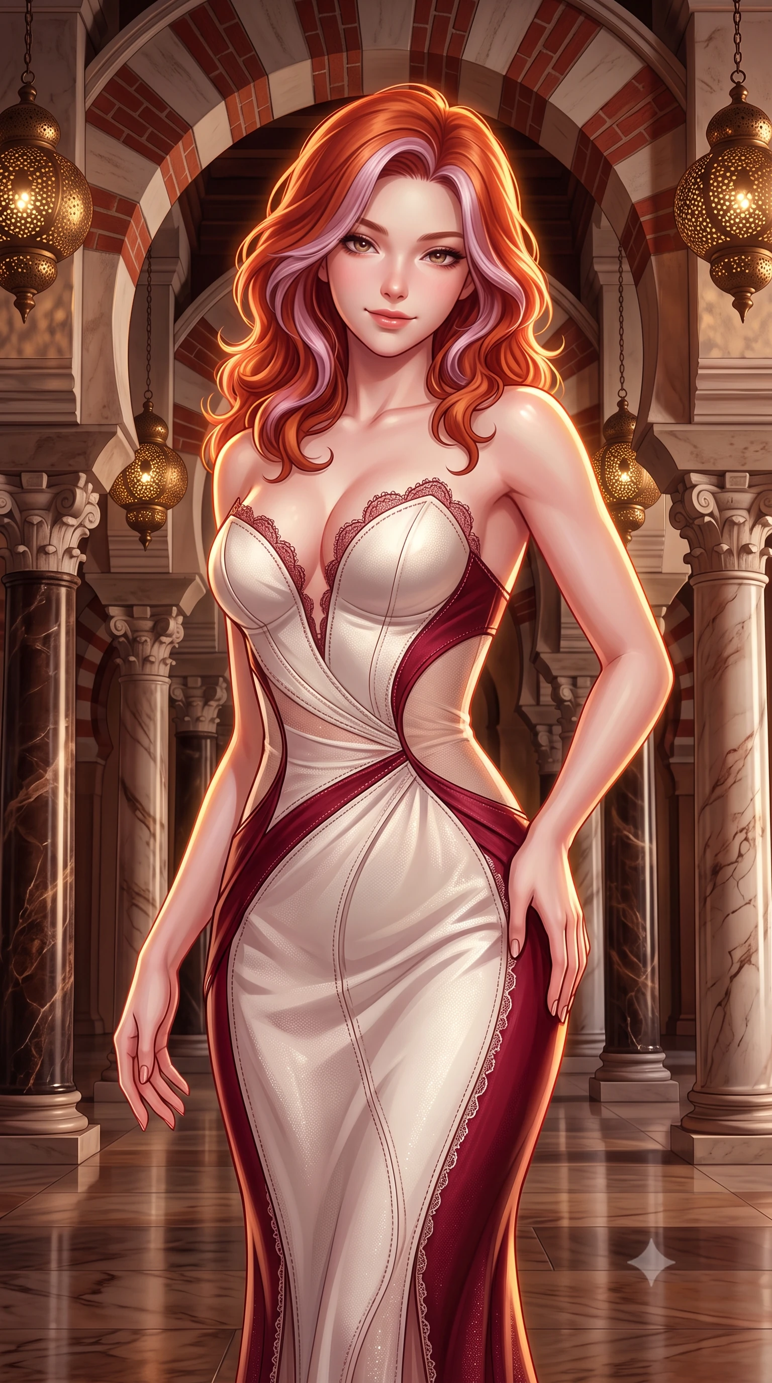 score_9, masterpiece, best quality, ultra-detailed, high-budget anime keyframe, semi-realistic 3D game render, editorial fashion photography, tasteful artistic composition, Caucasian woman. close-up cowboy shot from the waist and thighs up, the character dominates the composition, filling the frame with her large presence. tilting her head with a teasing half-smile, running one hand slowly down the side of her hip in a flirtatious S-curve as ambient light caresses her silhouette while standing poised within the endless forest of jasper, onyx, and marble pillars beneath double-tiered red-and-white horseshoe arches, arching her spine with hypnotic diva poise. The surrounding environment is rendered in vivid detail and crisp panoramic clarity: sharp red brick and white stone alternating voussoirs, polished Roman marble pillar veining, and perforated bronze lamp metalwork in deep focus. She has an exceptionally elegant, slender, and willowy female figure with an ultra-slim waist, flat toned midriff, narrow ribcage, and sculpted feminine hips creating an alluring, slim hourglass silhouette without bulk. sharp v-shaped jawline, high-bridge nose, intricate jewel-like sparkling eyes with depth, thick eyelashes, glossy parted lips with a natural peach sheen, bright cheerful beaming smile with an enchanting and coquettish sensual glint, exuding both youthful cute charm and seductive allure, flawlessly proportioned anatomical accuracy, strict slender model proportions, natural body alignment, perfectly sculpted long slender limbs, ultra-slim waistline, clean dynamic posture without body distortion. wearing an alluring plunging sweetheart bustier dress with sheer mesh side-waist cutouts contouring her ribs in Belvedere ivory pearl and Habsburg bordeaux wine, featuring strategic sheer-illusion tulle side panels framing her ribcage and hips, finished with scalloped eyelash lace trim framing her sweetheart neckline with intimate elegance, the impeccably tailored cut draping gracefully along her slender figure with aristocratic poise. illuminated by polished stone floor bounce and sharp flame-gold rim lights defining her dewy collarbones, ultra-slim waist, and curvy hips. highly saturated vibrant anime colors, detailed shading with soft gradients, rich glossy textures, high-contrast stereoscopic depth, volumetric dynamic lighting, master piece, 9:16 ratio