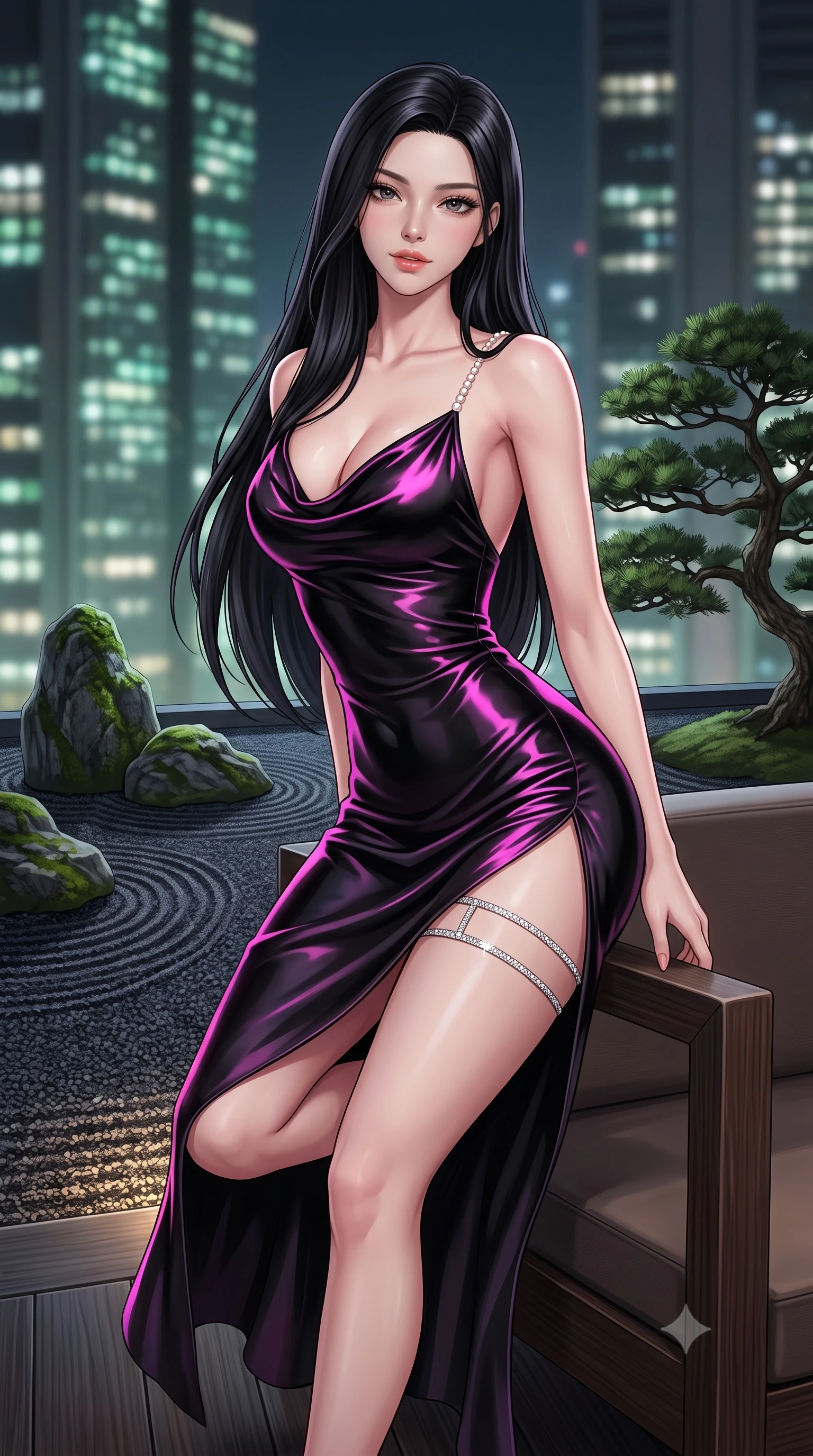 score_9, masterpiece, best quality, ultra-detailed, high-budget anime keyframe, semi-realistic 3D game render, editorial fashion photography, tasteful artistic composition, Korean woman. close-up cowboy shot from the waist and thighs up, the character dominates the composition, filling the frame with her large presence. perched sideways on the lounge seat, one knee drawn up to showcase her slender leg line while her arched back accentuates her feminine hip curve while twisting her slender torso in an alluring S-curve, gentle night breezes fluttering her silk dress as Shinjuku skyscraper towers loom behind. The background shows a soft-focus raked concentric ripple patterns in dark gravel, sculptural moss-covered boulders, and towering Tokyo skyscraper lights blurred into jade, charcoal, and starlight bokeh. She has an exceptionally elegant, slender, and willowy female figure with an ultra-slim waist, flat toned midriff, narrow ribcage, and sculpted feminine hips creating an alluring, slim hourglass silhouette without bulk. sharp v-shaped jawline, high-bridge nose, sparkling eyes with hypnotic seductive depth, thick curled eyelashes, glossy parted lips with a natural dewy peach sheen, alluring bedroom-eyes with an enchanting coquettish smile, exuding magnetic siren charisma and sophisticated glamour, flawlessly proportioned anatomical accuracy, strict slender model proportions, natural body alignment, perfectly sculpted long slender limbs, ultra-slim waistline, clean dynamic posture without body distortion. wearing a plunging cowl-neck liquid silk satin slip gown with daring hip-high slit and delicate pearl spaghetti straps in wet-look onyx black with electric magenta reflections, crafted from fluid liquid silk satin that clings smoothly to every curve with a dewy sheen, finished with delicate crystal-encrusted thigh garter straps glinting in the dim light, the glove-like clinging cut tightly following the natural contour of her hips and long slender legs with youthful 8.5-heads elegance. bathed in soft 2800K low-voltage garden ground spotlights highlighting the bonsai pine mixed with full moon sky glow. highly saturated vibrant anime colors, detailed shading with soft gradients, rich glossy textures, high-contrast stereoscopic depth, volumetric dynamic lighting, master piece, 9:16 ratio