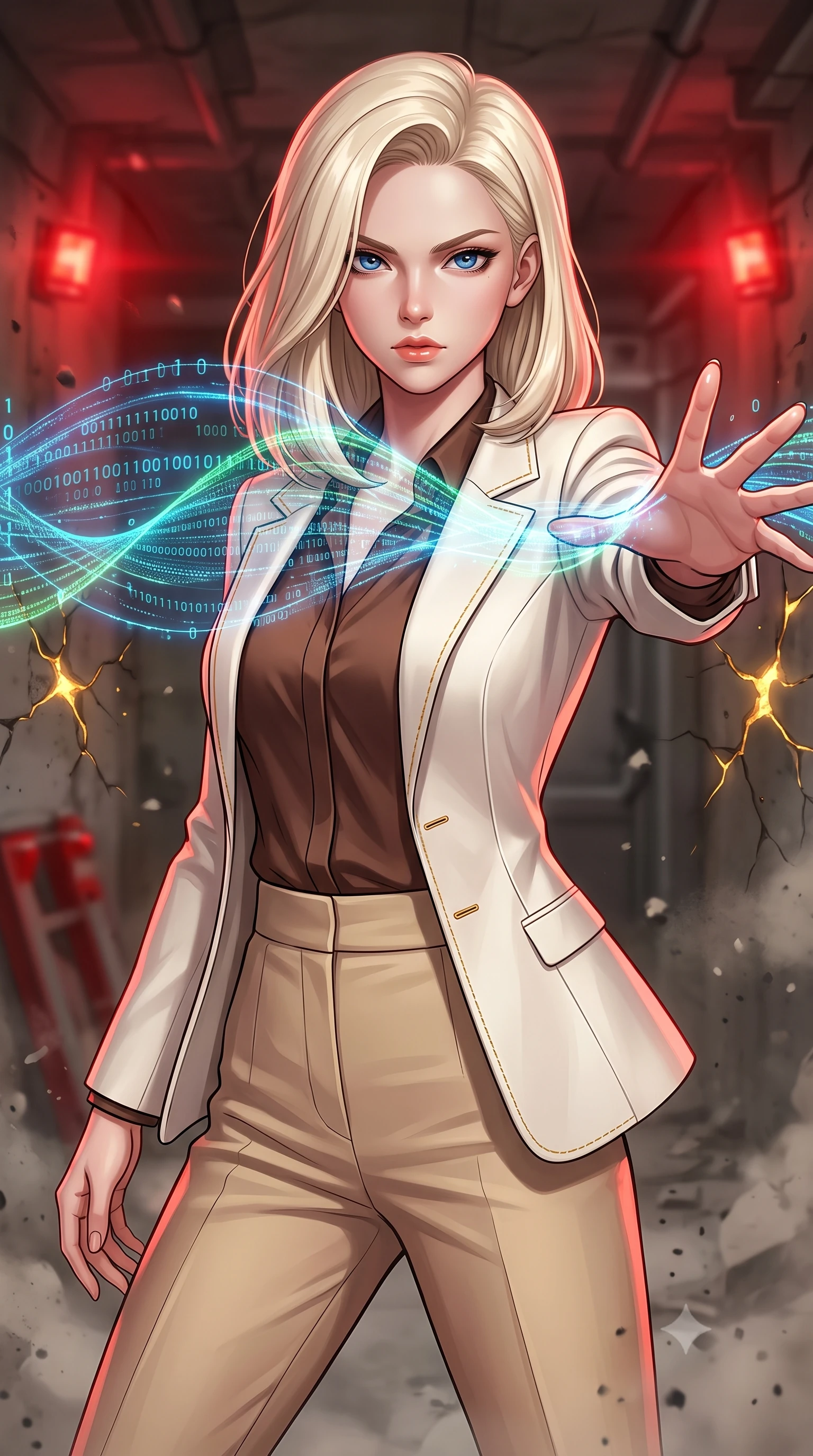 score_9, masterpiece, best quality, ultra-detailed, high-budget anime keyframe, editorial fashion photography, tasteful artistic composition, Caucasian woman, strictly human ears. close-up cowboy shot from the waist and thighs up, the character dominates the composition, filling the frame with her large presence, background elements kept in soft focus. Casting a digital tracking wave with an outstretched hand, her gaze locked on the escaping target. set against a soft-focus background of an underground bunker shaking during an orbital strike, concrete dust falling and red emergency lights flashing. She has an exceptionally elegant and slender, willowy female figure with an ultra-slim waist, a gracefully sculpted slender torso, and a refined slim physique. sharp v-shaped jawline, high-bridge nose, intricate jewel-like eyes with depth, thick eyelashes, glossy lips with a natural sheen. wearing tailored for maximum mobility, sleek form-contouring panels that allow fluid movement, a form-contouring structured ivory blazer over a cocoa brown silk blouse, paired with high-waisted sand-colored tailored trousers. highly saturated vibrant anime colors, intense vivid color palette, soft 3D volumetric shading, volumetric dynamic lighting, glowing kintsugi gold light radiating from cracks in the environment creating a majestic inner glow. 2k, ultra detail, master piece, 9:16 ratio