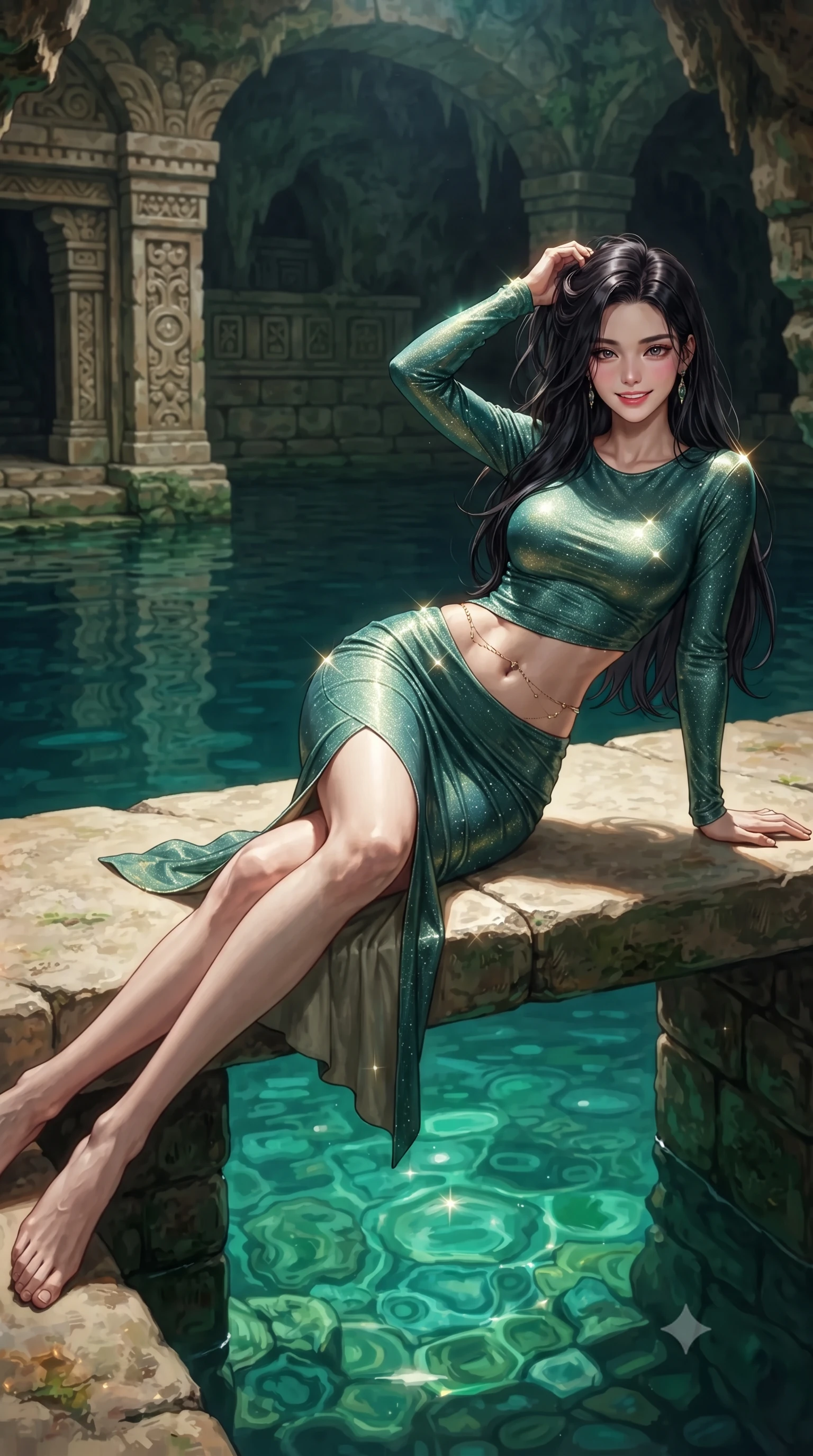 score_9, masterpiece, best quality, ultra-detailed, high-budget anime keyframe, editorial fashion photography, tasteful artistic composition, Korean woman. close-up cowboy shot from the waist and thighs up, the character dominates the composition, filling the frame with her large presence. twisting her slender torso in an alluring contrapposto stance, one hand resting on her sculpted hip while her fingers toy with her hair with effortless poise while reclining gracefully across the flat limestone ledge propped on one elbow with legs extended, displaying her long slender limbs and statuesque hourglass silhouette in the sacred sanctuary. The surrounding environment is rendered in vivid detail and crisp panoramic clarity: detailed garment lines, wet cling or bodycon fit, and timeless natural cave architecture in razor-sharp precision. She has an exceptionally elegant, slender, and willowy female figure with an ultra-slim waist, flat toned midriff, narrow ribcage, and sculpted feminine hips creating an alluring, slim hourglass silhouette without bulk. sharp v-shaped jawline, high-bridge nose, intricate jewel-like sparkling eyes with depth, thick eyelashes, glossy parted lips with a natural peach sheen, bright cheerful beaming smile with an enchanting and coquettish sensual glint, exuding both youthful cute charm and seductive allure, flawlessly proportioned anatomical accuracy, strict slender model proportions, natural body alignment, perfectly sculpted long slender limbs, ultra-slim waistline, clean dynamic posture without body distortion. wearing a glove-like stretch lambskin leather sheath dress accentuating her ultra-slim waistline in Mayan cenote emerald jade and subterranean limestone cream, woven from stretch metallic lurex jersey casting radiant starlight glints across her curves, accented with a dainty gold belly chain resting across her flat midriff and curving hips, the form-contouring silhouette accentuating her sculpted flat midriff, narrow delicate ribcage, and gracefully curvy hips with intoxicating allure. illuminated by emerald pool surface specular bounce and sharp gold-cyan dual rim lights sculpting her razor-sharp jawline, narrow waist, and curvy hips. ultra-reflective glossy finish, specular highlights, rich textural contrasts, high-contrast stereoscopic depth, volumetric dynamic lighting, 2k, ultra detail, master piece, 9:16 ratio