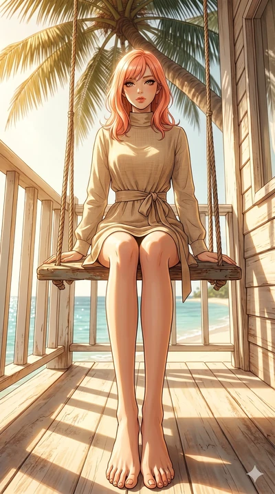 score_9, masterpiece, best quality, ultra-detailed, high-budget anime keyframe, editorial fashion photography, tasteful artistic composition, Japanese woman. low angle full-body shot from head to toe showing her feet, filling the entire 9:16 vertical