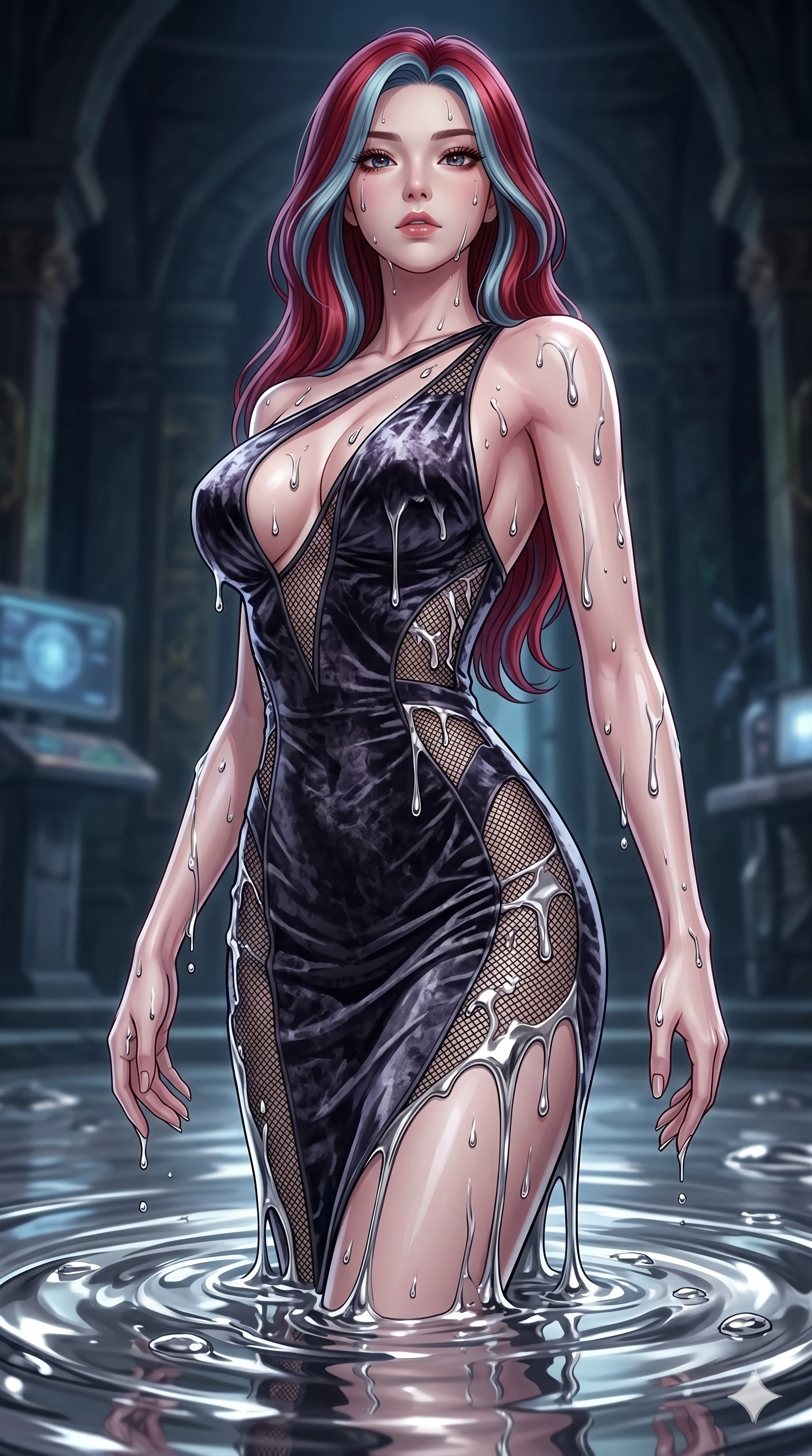 score_9, masterpiece, best quality, ultra-detailed, High-budget Anime Keyframe, East Asian woman. Dynamic full-body shot stretching the vertical silhouette to the limit. Scenario 244: Rising from a pool of mercury-like liquid, droplets rolling off her skin. Her presence is magnetic and overpowering in this high-budget anime scene. Outfit 244: A crushed dark velvet micro-mesh with a low-cut shoulder and tight-fitting silhouette. The clothing is designed to emphasize her exceptionally tall and slender 8-heads proportion. 8-heads proportion, towering silhouette, ultra-slim waist. sharp v-shaped jawline, intricate jewel-like eyes with depth, thick eyelashes, glossy lips. 2k, ultra detail, master piece, 9:16 ratio