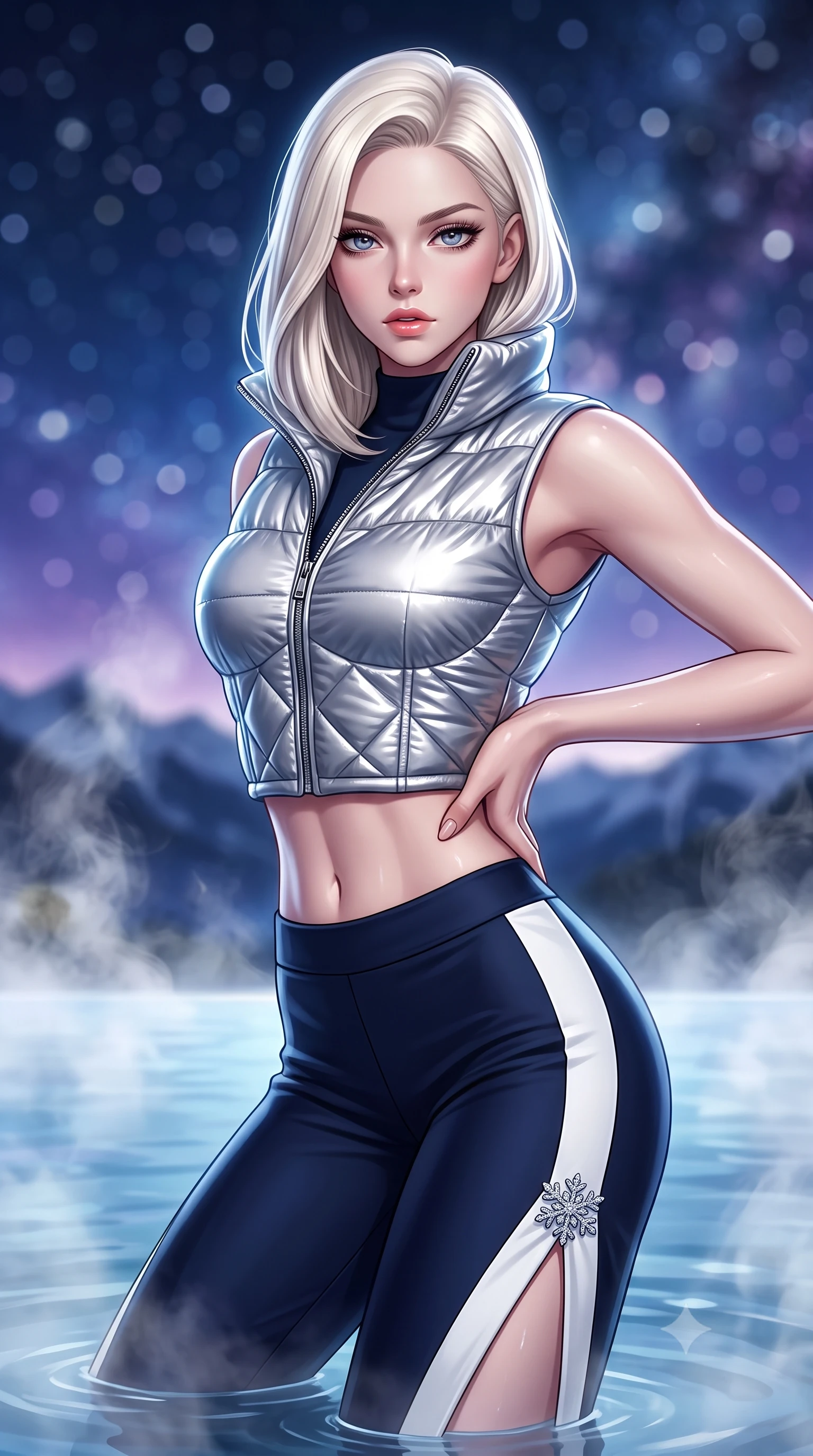 score_9, masterpiece, best quality, ultra-detailed, high-budget anime keyframe, semi-realistic 3D game render, editorial fashion photography, tasteful artistic composition, Caucasian woman. close-up cowboy shot from the waist and thighs up, the character dominates the composition, filling the frame with her large presence. arching her spine in an alluring serpentine S-curve, one hand resting on her waist with parted glossy lips and an intensely magnetic gaze while resting her chin on her crossed arms at the infinity pool's edge, gazing into the camera with bedroom-eyes. The composition keeps background elements in soft focus with creamy bokeh. rising thermal steam swirls and starry alpine night skies blurred into deep sapphire, amethyst, and pearl-white bokeh. She has an exceptionally elegant, slender, and willowy female figure with an ultra-slim waist, a gracefully sculpted slender torso, toned flat midriff, and a refined slim silhouette. sharp v-shaped jawline, high-bridge nose, intricate jewel-like eyes with depth, thick eyelashes, glossy parted lips with a natural sheen, intensely captivating and seductive expression, flawlessly proportioned anatomical accuracy, strict slender model proportions, natural body alignment, perfectly sculpted long slender limbs, ultra-slim waistline, clean dynamic posture without body distortion. wearing a metallic silver quilted corset puffer vest worn over a snug thermal mock-neck top and sleek ski stirrup pants in deep alpine midnight navy and snow white, tailored from water-resistant ski-tech stretch gabardine with fleece lining, accented with an ultra-high side slit secured by crystal snowflake clasps, the liquid-tight tailored fabric emphasizing every curve of her tall, slender model proportions and sculptured silhouette during dynamic movement. surrounded by an intimate, tranquil, and deeply sensual mountain onsen muse aura. highly saturated vibrant anime colors, detailed shading with soft gradients, rich glossy textures, high-contrast stereoscopic depth, volumetric dynamic lighting, master piece, 9:16 ratio