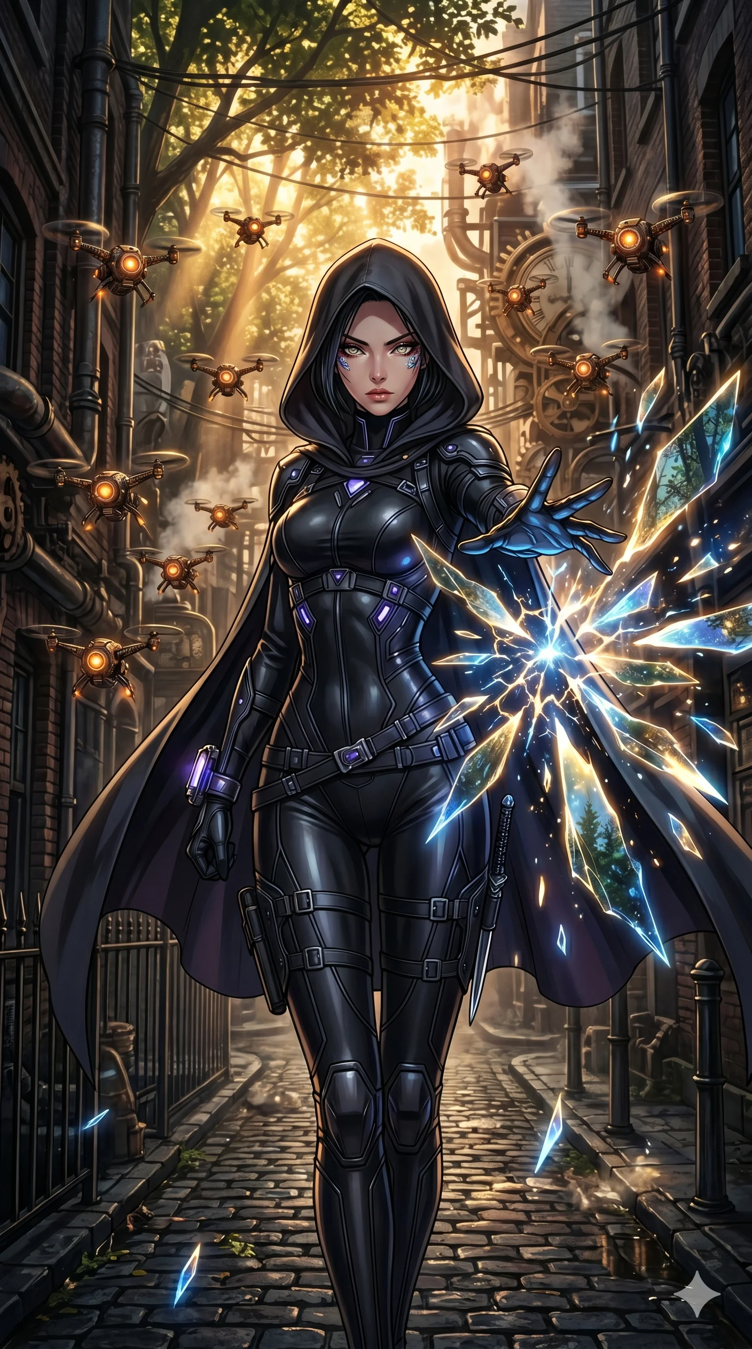 score_9, masterpiece, best quality, ultra-detailed, Set A: High-budget Anime Keyframe, Korean woman. Upper body close-up from the thighs up, character filling the screen for maximum presence. Theme: Primal Nature. shattering the fabric of reality in a steampunk London alleyway, surrounded by 19 hovering guardian drones. The atmosphere is filled with cinematic sunlight through leaves. She has an absolutely perfect 8-heads proportion, an exceptionally tall and slender female figure with impossibly long slender legs and an ultra-slim waist. Sharp v-shaped jawline, high-bridge nose, intricate jewel-like eyes with depth, glossy lips. Wearing Tech-assassin gear with a hooded cloak and a form-fitting matte black latex suit. Cinematic lighting, vivid colors, dramatic shadows, 2k, ultra detail, master piece, 9:16 ratio