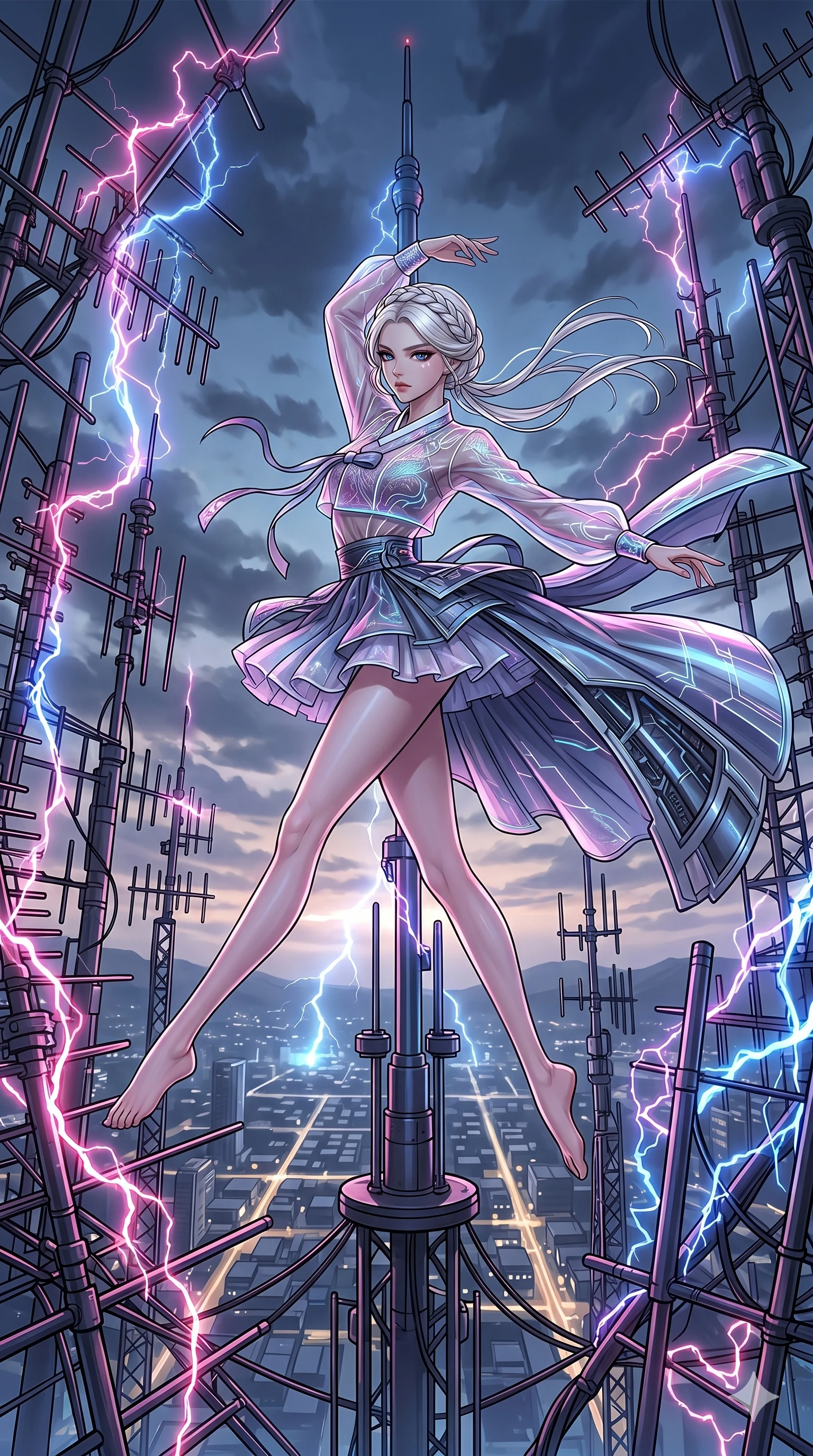 score_9, masterpiece, best quality, ultra-detailed, high-budget anime movie keyframe, cinematic anime lighting, intricate line art, Caucasian (strictly human ears) woman. Mid-air action shot capturing a graceful twist and vertical silhouette. performing a backflip to avoid a sweeping laser beam. She has an absolutely perfect 8-heads proportion, an exceptionally tall and slender female figure with graceful and slender proportions. strictly human anatomy, two legs only, no extra limbs, clearly defined legs and arms, perfect anatomy, perfect hands and fingers. sharp v-shaped jawline, high-bridge nose, intricate jewel-like eyes, thick eyelashes, glossy lips. Wearing Dynamic performance outfit: Leather harness over mesh, sleek bodysuit, studded stylish shorts, and thigh-high patent boots. The scene is illuminated by dramatic atmospheric lighting and vibrant color palettes. , 2k, ultra detail, master piece, 9:16 ratio