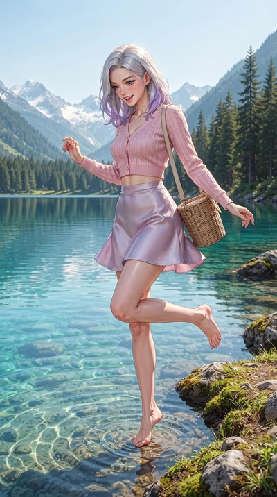 score_9, masterpiece, best quality, ultra-detailed, high-budget anime keyframe, editorial fashion photography, tasteful artistic composition, Caucasian woman. low angle full-body shot from head to toe showing her feet, filling the entire 9:16 vertica