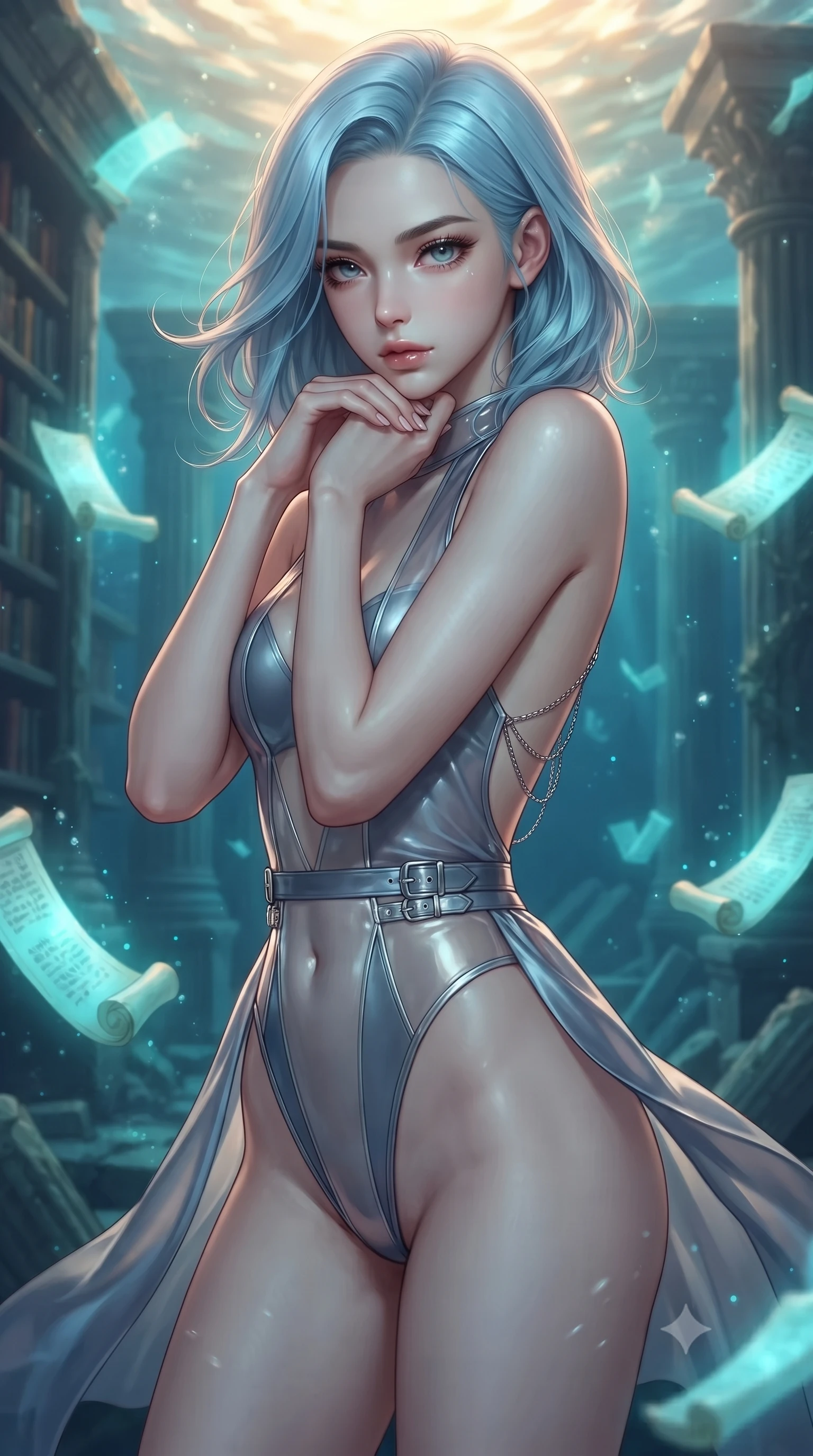 score_9, masterpiece, best quality, ultra-detailed, high-budget anime keyframe, editorial fashion photography, tasteful artistic composition, Korean woman. close-up cowboy shot from the waist and thighs up, the character dominates the composition, filling the frame with her large presence, background elements kept in soft focus. Resting her chin on the backs of her fingers, casting a sharp, mysterious gaze navigating a submerged ancient library surrounded by floating glowing scrolls, gentle ocean currents swaying her attire in fluid underwater motions. She has an exceptionally elegant, slender, and willowy female figure with an ultra-slim waist, a gracefully sculpted slender torso, and a refined silhouette. sharp v-shaped jawline, high-bridge nose, intricate jewel-like eyes with depth, thick eyelashes, glossy lips with a natural sheen. wearing a high-cut translucent vinyl leotard with front paneling and open back in slate blue and metallic silver, crafted from lustrous satin jersey with fluid draping, detailed with polished silver buckles along the waistline, the elegant draped fit framing her graceful clavicle and slender torso. illuminated by luminous aqua bioluminescence and warm golden top lighting. ultra-reflective glossy finish, specular highlights, metallic sheen, high-contrast stereoscopic depth, volumetric dynamic lighting, 2k, ultra detail, master piece, 9:16 ratio
