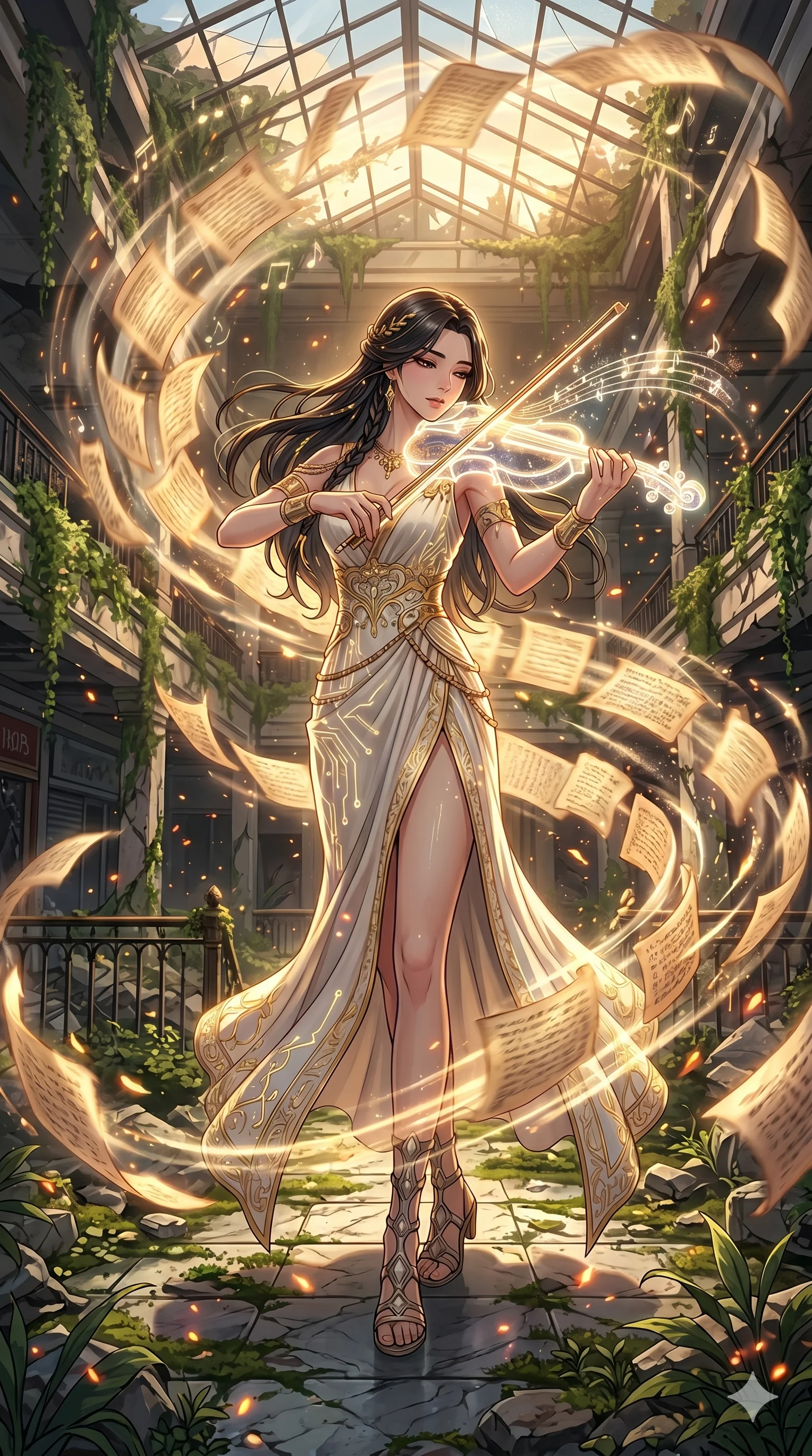 score_9, masterpiece, best quality, ultra-detailed, Set A: High-budget Anime Keyframe, Korean woman. Low angle cowboy shot filling the entire 9:16 frame with her statuesque presence. Theme: Ethereal Dream. playing a holographic violin in a ruined overgrown shopping mall, surrounded by a whirlwind of 183 floating ancient scrolls. The atmosphere is filled with golden hour with floating embers. She has an absolutely perfect 8-heads proportion, an exceptionally tall and slender female figure with impossibly long slender legs and an ultra-slim waist. Sharp v-shaped jawline, high-bridge nose, intricate jewel-like eyes with depth, glossy lips. Wearing Ancient Roman-style tech-toga with glowing gold filigree and a high side slit. Cinematic lighting, vivid colors, dramatic shadows, 2k, ultra detail, master piece, 9:16 ratio
