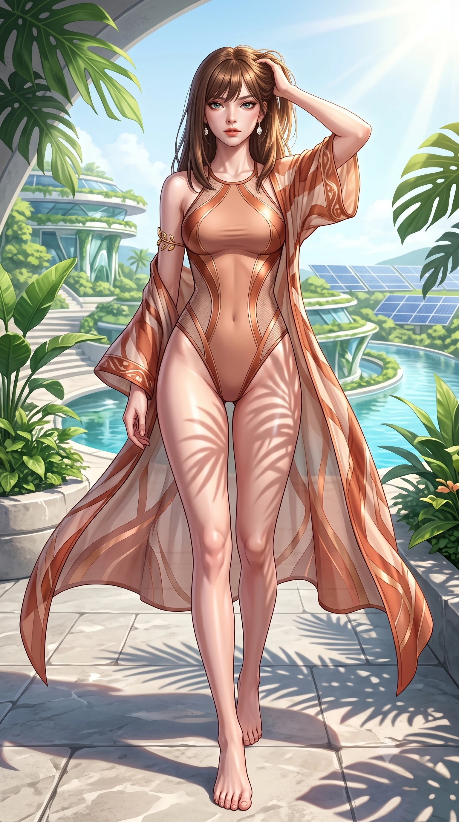 score_9, masterpiece, best quality, ultra-detailed, high-budget anime keyframe, semi-realistic 3D game render, editorial fashion photography, tasteful artistic composition, Korean woman. low angle full-body shot from head to toe showing her feet, filling the entire 9:16 vertical frame with her statuesque presence, stretching her vertical silhouette. striding forward in a proud, dynamic supermodel runway stride, hips swaying in an alluring kinetic rhythm that stretches her silhouette while sitting poised on the edge of the sunbed, running fingers through her sun-kissed hair with effortless supermodel charm. The surrounding environment is rendered in vivid detail and crisp panoramic clarity. bright sunlit solarpunk chiaroscuro and cutting-edge eco-sanctuary aesthetics in high clarity. She has an absolutely perfect, statuesque 8.5-heads proportion, an exceptionally tall and slender model-like female figure with impossibly long slender legs, a toned flat midriff, and an ultra-slim waist. sharp v-shaped jawline, high-bridge nose, intricate jewel-like eyes with depth, thick eyelashes, glossy parted lips with a natural sheen, intensely captivating and seductive expression, flawlessly proportioned anatomical accuracy, strict slender model proportions, natural body alignment, perfectly sculpted long slender limbs, ultra-slim waistline, clean dynamic posture without body distortion. wearing a modern bio-tech swimwear monokini with sheer mesh side contours and an airy chiffon resort robe in light terracotta and metallic copper accents, made of liquid bamboo jersey adhering seamlessly to her slender frame, complemented by a delicate golden leaf armlet and mother-of-pearl earrings, the lightweight liquid-knit fabric adhering like a second skin to her slender frame, highlighting her effortless sun-kissed charm. illuminated by organic stencil shadows from tropical leaves tracing her sculpted torso and legs. highly saturated vibrant anime colors, detailed shading with soft gradients, rich glossy textures, high-contrast stereoscopic depth, volumetric dynamic lighting, master piece, 9:16 ratio