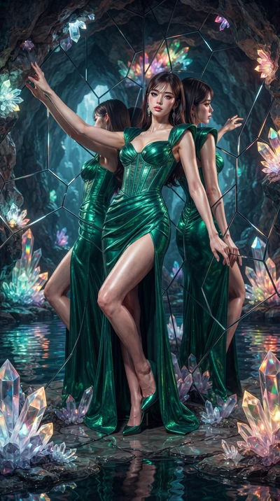 score_9, masterpiece, best quality, ultra-detailed, High-budget Anime Keyframe, editorial fashion photography, tasteful artistic composition, realistic cosplay photography, East Asian woman. Dynamic full-body shot stretching the vertical silhouette t