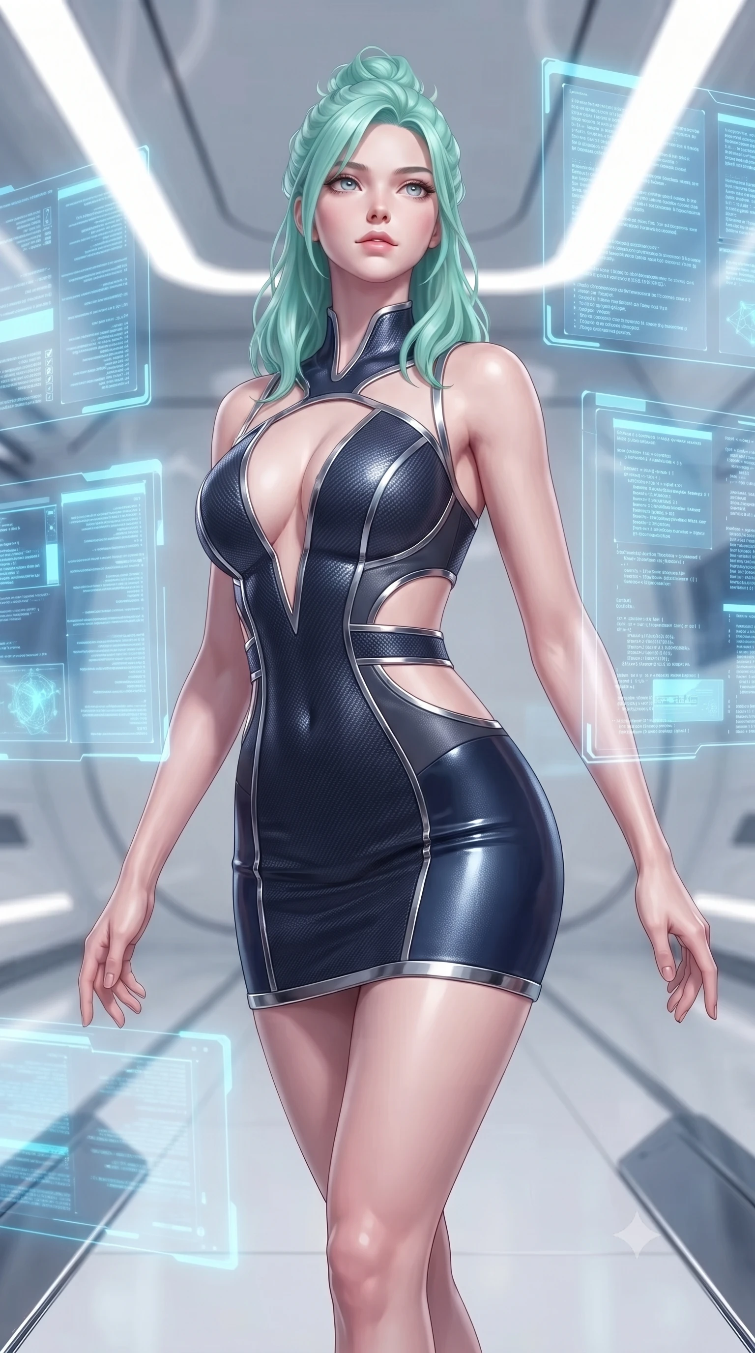 score_9, masterpiece, best quality, ultra-detailed, high-budget anime keyframe, editorial fashion photography, tasteful artistic composition, Japanese woman. close-up cowboy shot from the waist and thighs up, the character dominates the composition, filling the frame with her large presence, background elements kept in soft focus. Tilting her chin up with an air of effortless superiority while balancing dynamically amidst the scene while floating dynamically in a high-tech matrix void surrounded by holographic data panels, sleek reflective white and chrome surfaces emphasizing ultra-clean lines. She has an exceptionally elegant, slender, and willowy female figure with an ultra-slim waist, a gracefully sculpted slender torso, and a refined silhouette. sharp v-shaped jawline, high-bridge nose, intricate jewel-like eyes with depth, thick eyelashes, glossy lips with a natural sheen, flawlessly proportioned anatomical accuracy, natural body alignment, perfectly sculpted elegant limbs, clean dynamic posture without body distortion. wearing a liquid mercury gloss mini dress with ultra-deep V-neck and waist cutouts in midnight navy blue and chrome trim, made of fine carbon-fiber weave and soft matte leather, featuring clean architectural cutouts along her slender torso, the elegant draped fit framing her graceful clavicle and slender torso. surrounded by a crisp high-tech illumination with high specular contrast. ultra-reflective glossy finish, specular highlights, metallic sheen, high-contrast stereoscopic depth, volumetric dynamic lighting, 2k, ultra detail, master piece, 9:16 ratio