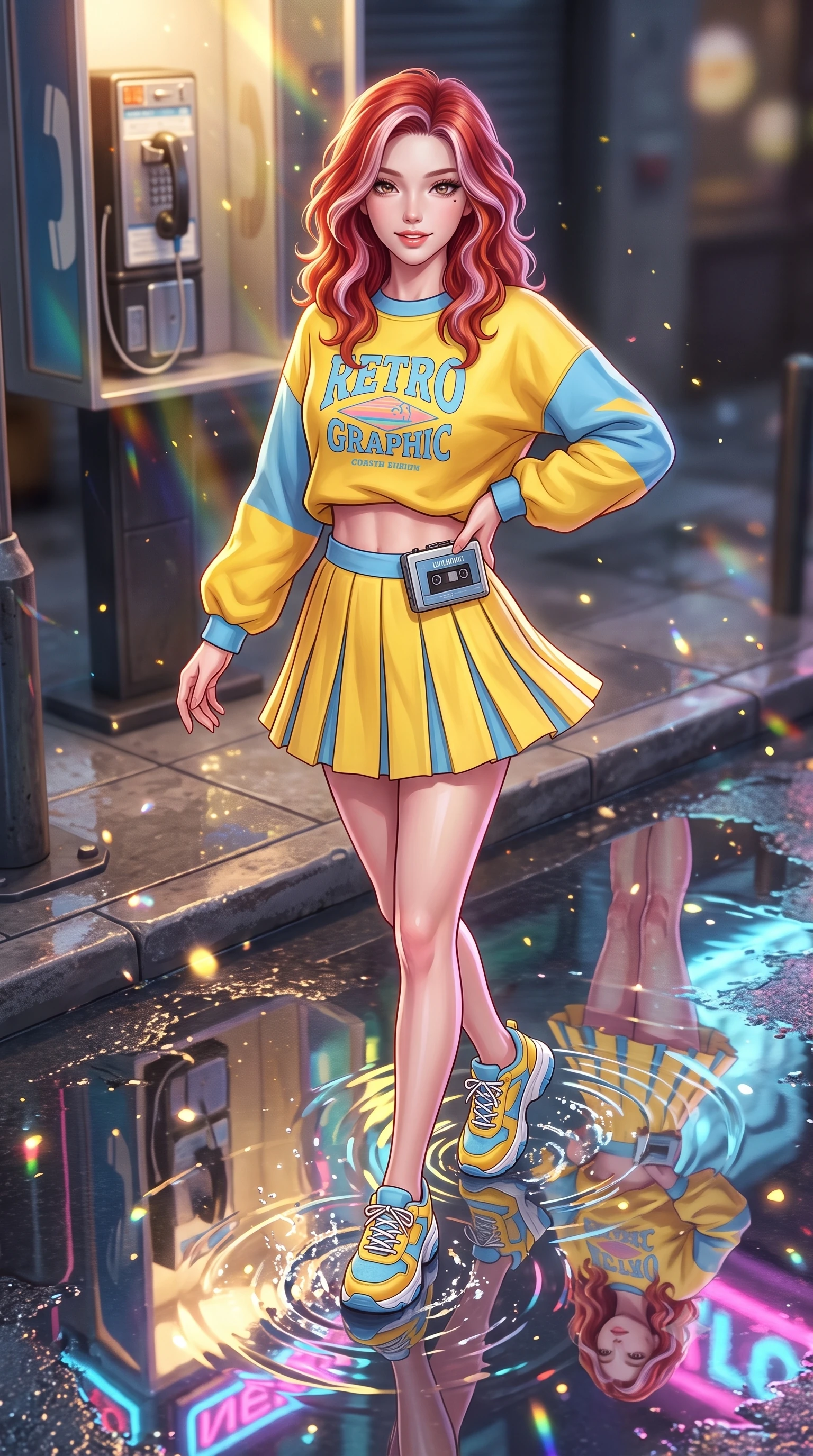 score_9, masterpiece, best quality, ultra-detailed, high-budget anime keyframe, semi-realistic 3D game render, editorial fashion photography, tasteful artistic composition, Caucasian woman. close-up cowboy shot from the waist and thighs up, the character dominates the composition, filling the frame with her large presence. smiling with subtle, enchanting allure and glossy parted lips, one hand resting on her waist with effortless supermodel poise while twirling on the wet sidewalk corner as neon reflection puddles create mirror images of her slender silhouette. The composition keeps background elements in soft focus with creamy bokeh. refracted telephone booth light rays and splashing puddle ripples scattering shimmering light motes. She has an exceptionally elegant, slender, and willowy female figure with an ultra-slim waist, a gracefully sculpted slender torso, toned flat midriff, and a refined slim silhouette. sharp v-shaped jawline, high-bridge nose, intricate jewel-like eyes with depth, thick eyelashes, glossy lips with a natural sheen, captivating and magnetic expression, flawlessly proportioned anatomical accuracy, strict slender model proportions, natural body alignment, perfectly sculpted long slender limbs, ultra-slim waistline, clean dynamic posture without body distortion. wearing a vibrant retro graphic oversized sweatshirt paired with a pleated tennis skirt and chunky sneakers in sunny retro canary yellow and sky blue, woven from soft breathable linen that flutters gently with every step, accessorized with a vintage portable cassette Walkman clipped to her waistband, the form-contouring material adhering flawlessly to her sculpted flat midriff and slender torso, emphasizing her long leg lines and perfectly proportioned willowy build. surrounded by an emotional, poetic, and heartwarming vintage movie heroine aura. highly saturated vibrant anime colors, detailed shading with soft gradients, rich glossy textures, high-contrast stereoscopic depth, volumetric dynamic lighting, master piece, 9:16 ratio