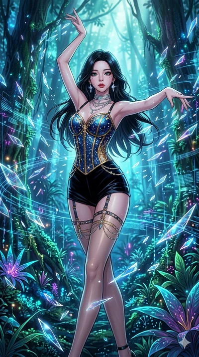 score_9, masterpiece, best quality, ultra-detailed, high-budget anime movie keyframe, cinematic anime lighting, intricate line art, Japanese woman. Low angle cowboy shot filling the entire 9:16 frame with her statuesque presence. dancing with data-sh