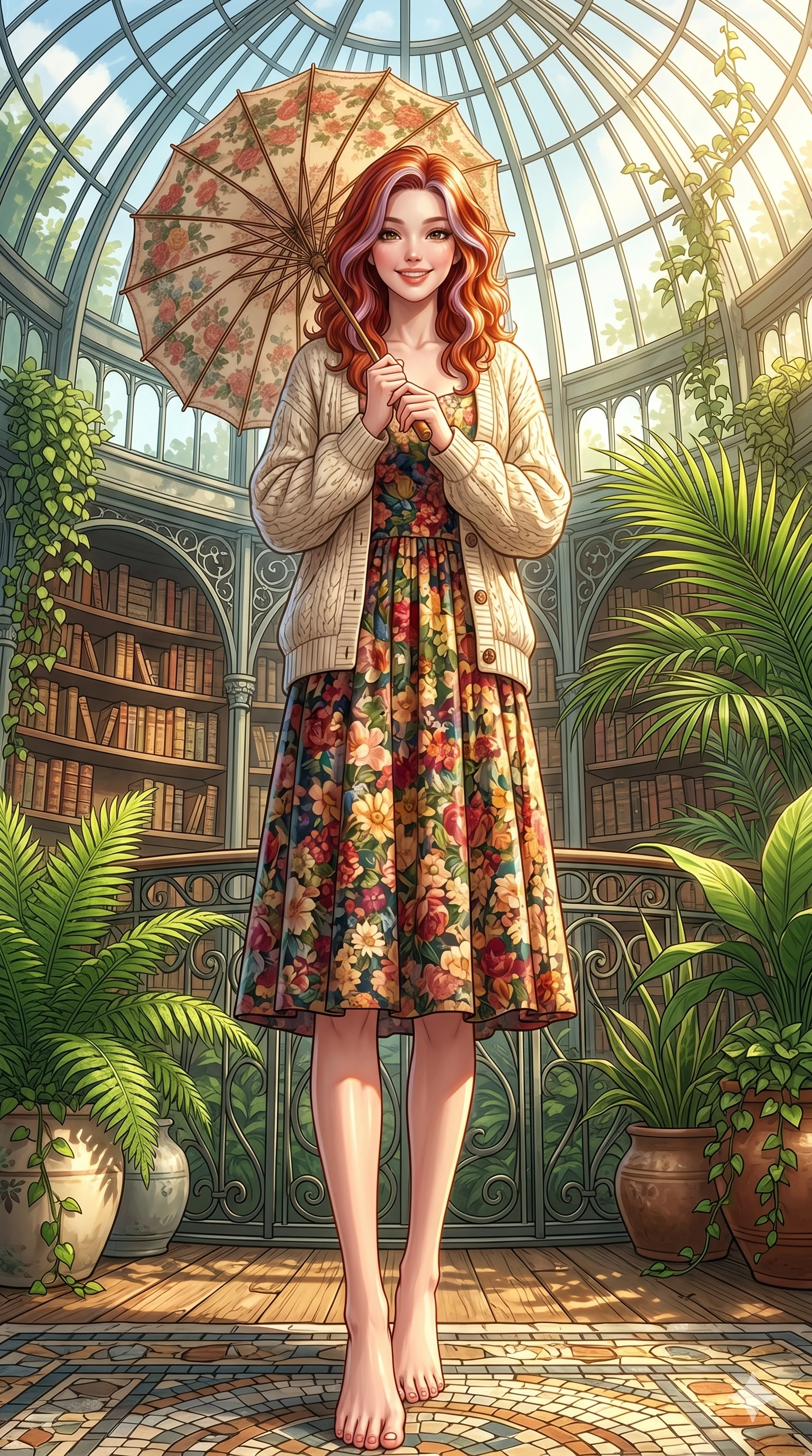 score_9, masterpiece, best quality, ultra-detailed, high-budget anime keyframe, vibrant anime aesthetic, Caucasian woman, strictly human ears. low angle full-body shot from head to toe showing her feet, filling the entire 9:16 vertical frame with her statuesque presence, stretching her vertical silhouette. She is holding a parasol with a bright, charming smile, looking directly at the lens inside an elegant glass dome library filled with green plants and warm morning light (Code-P20-023). She has an absolutely perfect 8-heads proportion, an exceptionally tall and slender female figure with impossibly long slender legs and an ultra-slim waist. V-shaped jawline, high-bridge nose, intricate jewel-like eyes with depth, thick eyelashes, glossy lips with a natural sheen. wearing a vintage floral print midi dress with a knit cardigan. She is drenched in bright afternoon sun, highlighting the glossy textures of her outfit. 2k, ultra detail, master piece, 9:16 ratio