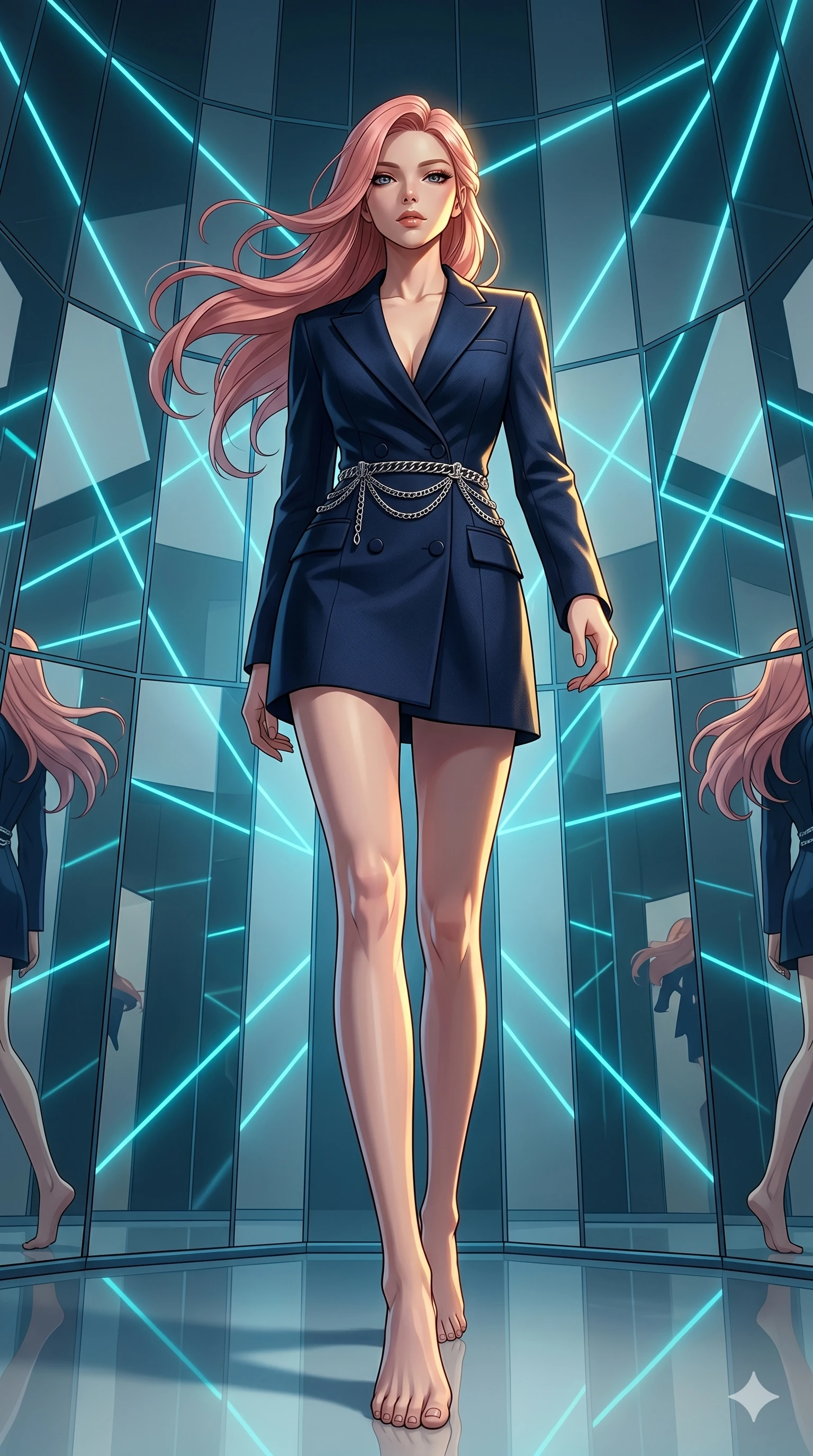 score_9, masterpiece, best quality, ultra-detailed, high-budget anime keyframe, editorial fashion photography, tasteful artistic composition, Japanese woman. low angle full-body shot from head to toe showing her feet, filling the entire 9:16 vertical frame with her statuesque presence, stretching her vertical silhouette. Walking in slow-motion with dramatic hair movement behind her within a circular chamber of rotating mirror panels reflecting laser lines of cyan. She has an absolutely perfect 8-heads proportion, an exceptionally tall and slender female figure with impossibly long slender legs and an ultra-slim waist. V-shaped jawline, high-bridge nose, intricate jewel-like eyes with depth, thick eyelashes, glossy lips with a natural sheen. wearing a double-breasted blazer dress in deep navy wool with a plunging collar line, cinched at the waist by an architectural silver chain belt. lit by dramatic chiaroscuro with a single golden key light carving her facial contours and figure. 2k, ultra detail, master piece, 9:16 ratio