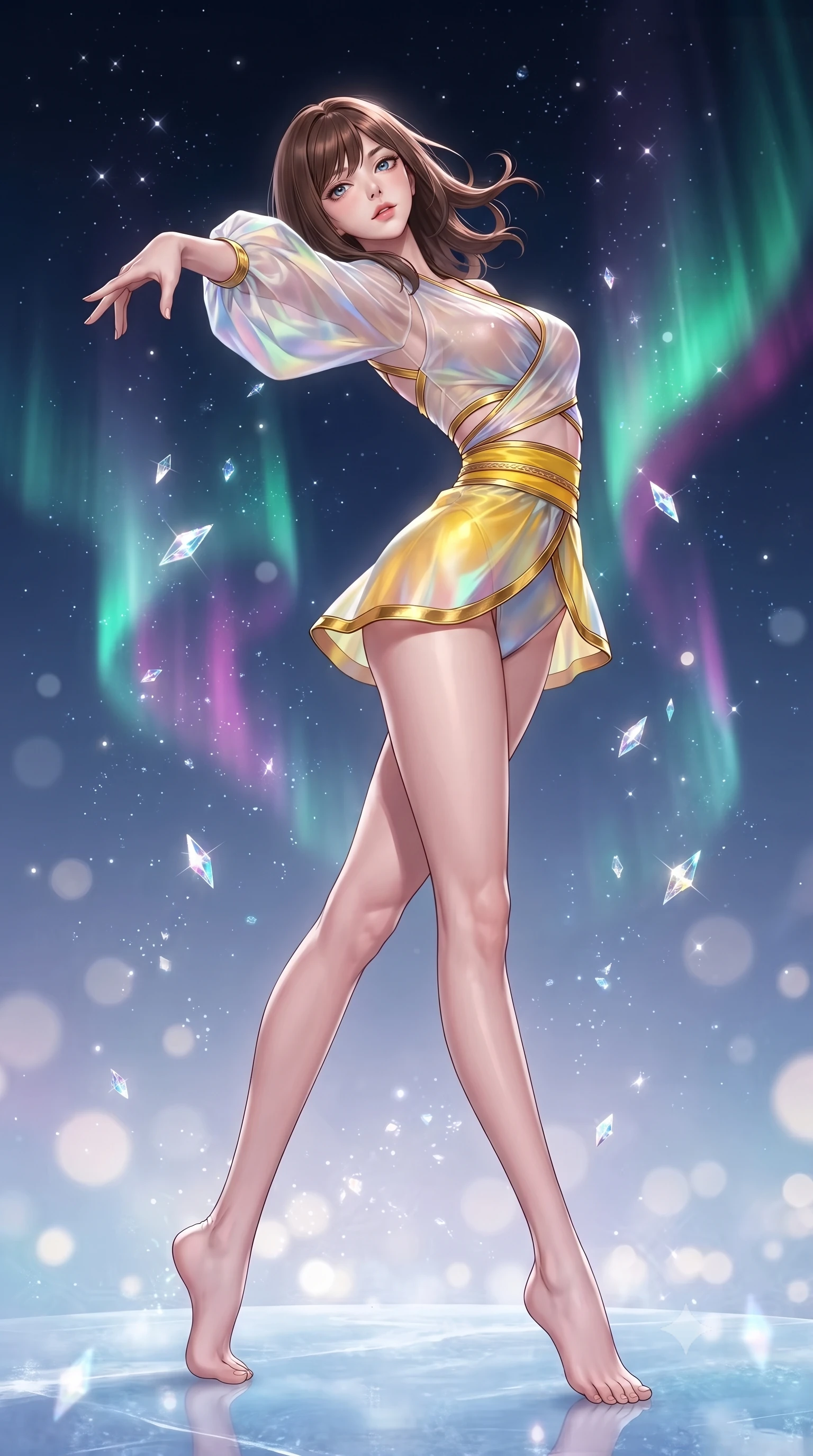 score_9, masterpiece, best quality, ultra-detailed, high-budget anime keyframe, editorial fashion photography, tasteful artistic composition, Korean woman. low angle full-body shot from head to toe showing her feet, filling the entire 9:16 vertical frame with her statuesque presence, stretching her vertical silhouette. arching her back in a fluid zero-gravity turn with sovereign grace, her long slender legs and sculpted torso creating a sweeping line while pivoting dynamically on a polished ice dais as emerald and magenta aurora light curtains trace her statuesque silhouette. The composition keeps background elements in soft focus with creamy bokeh. glistening diamond dust motes scattering crystalline light across a dreamy, starlit backdrop. She has an absolutely perfect, statuesque 8.5-heads proportion, an exceptionally tall and slender model-like female figure with impossibly long slender legs, a toned flat midriff, and an ultra-slim waist. sharp v-shaped jawline, high-bridge nose, intricate jewel-like eyes with depth, thick eyelashes, glossy lips with a natural sheen, flawlessly proportioned anatomical accuracy, strict slender model proportions, natural body alignment, perfectly sculpted long slender limbs, ultra-slim waistline, clean dynamic posture without body distortion. wearing a shortened cyber-fusion wrap top with transparent chiffon panels, a deep crossover neckline, and a high-waisted metallic sash that accentuates her ultra-slim waist in vibrant sunburst canary yellow and gold trim, made of smooth iridescent silk chiffon that shifts colors with movement, complemented by criss-cross back straps highlighting her completely bare spine, the sleek second-skin cut tightly hugging her graceful clavicle, narrow waist, and feminine curves with athletic precision. surrounded by a majestic, pristine, and intensely seductive glacial royalty aura. ultra-reflective glossy finish, specular highlights, metallic sheen, high-contrast stereoscopic depth, volumetric dynamic lighting, 2k, ultra detail, master piece, 9:16 ratio
