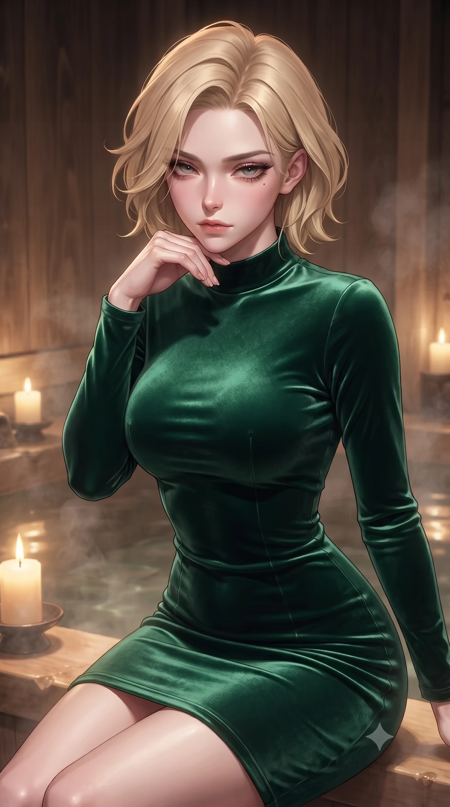 score_9, masterpiece, best quality, ultra-detailed, high-budget anime keyframe, editorial fashion photography, tasteful artistic composition, Caucasian woman. close-up cowboy shot from the waist and thighs up, the character dominates the composition, filling the frame with her large presence, background elements kept in soft focus. resting her chin on the backs of her fingers, casting a heavy-lidded, sultry look past the camera the background shows a soft-focus an intimate traditional bath chamber built of cypress wood (hinoki) with rising steam. She has an exceptionally elegant, slender, and willowy female figure with an ultra-slim waist, a gracefully sculpted slender torso, and a refined silhouette. sharp v-shaped jawline, high-bridge nose, intricate jewel-like eyes with depth, thick eyelashes, glossy lips with a natural sheen. wearing a form-contouring body-hugging emerald green velvet dress with a simple mock-neck collar. warm candle stands casting a soft golden glow onto the water surface. ultra-reflective glossy finish, specular highlights, metallic sheen, high-contrast stereoscopic depth, volumetric dynamic lighting, 2k, ultra detail, master piece, 9:16 ratio