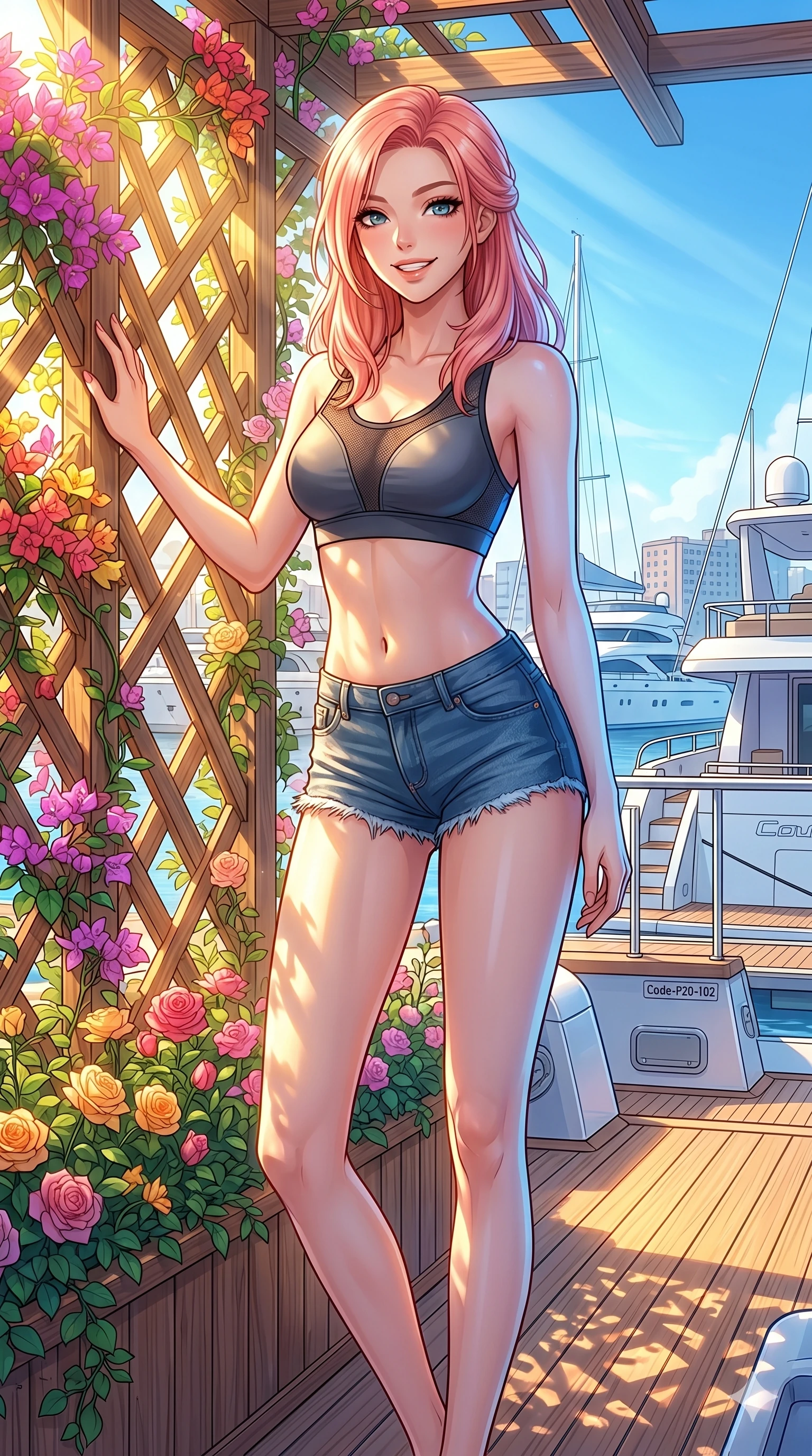 score_9, masterpiece, best quality, ultra-detailed, high-budget anime keyframe, vibrant anime aesthetic, Japanese woman. cowboy shot from the thighs up, character and outfit filling the frame for maximum presence. She is posing with a playful, lively grin, leaning one hand against a flower trellis on a private sun-drenched yacht deck in the harbor (Code-P20-102). She has an absolutely perfect 8-heads proportion, an exceptionally tall and slender female figure with impossibly long slender legs and an ultra-slim waist. V-shaped jawline, high-bridge nose, intricate jewel-like eyes with depth, thick eyelashes, glossy lips with a natural sheen. wearing a sports bra paired with denim micro-shorts in the sun. She is bathed in a beautiful contrast of warm yellow sunbeams and cool sky reflections. 2k, ultra detail, master piece, 9:16 ratio