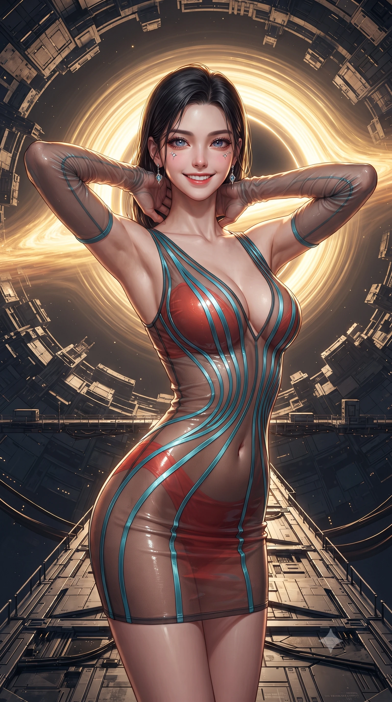 score_9, masterpiece, best quality, ultra-detailed, high-budget anime keyframe, editorial fashion photography, tasteful artistic composition, Korean woman. close-up cowboy shot from the waist and thighs up, the character dominates the composition, filling the frame with her large presence. resting both hands lightly behind her neck with elbows raised, arching her spine to highlight her narrow waist, flat midriff, and breathtaking collarbones while standing poised on the magnetic suspension bridge inside the hollow asteroid, arching her back with siren allure as a captured micro-black hole pulses with golden synchrotron radiation rings. The surrounding environment is rendered in vivid detail and crisp panoramic clarity: detailed haute-couture texture, wet-look liquid fabric drape, and colossal deep-space physics architecture in razor-sharp precision. She has an exceptionally elegant, slender, and willowy female figure with an ultra-slim waist, flat toned midriff, narrow ribcage, and sculpted feminine hips creating an alluring, slim hourglass silhouette without bulk. sharp v-shaped jawline, high-bridge nose, intricate jewel-like sparkling eyes with depth, thick eyelashes, glossy parted lips with a natural peach sheen, bright cheerful beaming smile with an enchanting and coquettish sensual glint, exuding both youthful cute charm and seductive allure, flawlessly proportioned anatomical accuracy, strict slender model proportions, natural body alignment, perfectly sculpted long slender limbs, ultra-slim waistline, clean dynamic posture without body distortion. wearing a plunge-front sheer illusion tulle combat slip dress with liquid platinum ribbon stripes hugging her curves in cyber-shinto vermilion and laser turquoise, woven from fine semi-opaque stretch illusion mesh tracing her slender contours, complemented by sheer opera-length evening gloves tracing her slender arms, the liquid-tight tailored fabric clinging flawlessly to her narrow waist and rounded feminine hips, emphasizing every millimeter of her sculpted slim hourglass curves without any bulky heaviness. bathed in the blinding golden synchrotron radiation of the singularity contrasted with deep obsidian shadow gradients. ultra-reflective glossy finish, specular highlights, rich textural contrasts, high-contrast stereoscopic depth, volumetric dynamic lighting, 2k, ultra detail, master piece, 9:16 ratio