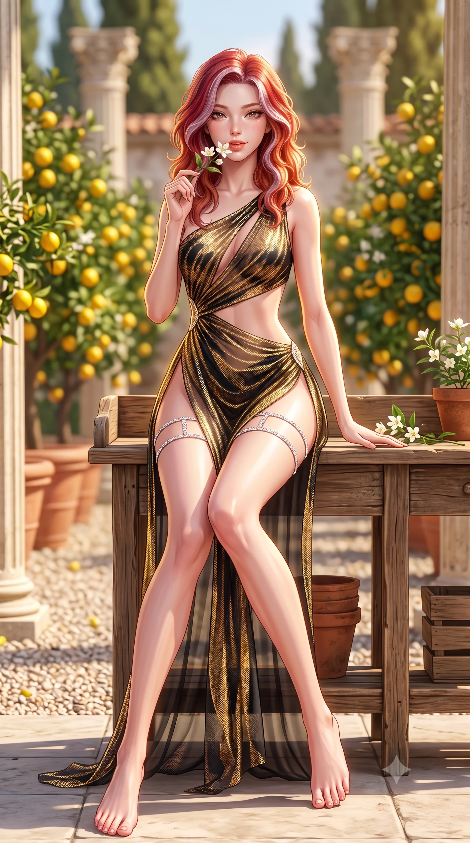 score_9, masterpiece, best quality, ultra-detailed, high-budget anime keyframe, semi-realistic 3D game render, editorial fashion photography, tasteful artistic composition, Caucasian woman. low angle full-body shot from head to toe showing her feet, filling the entire 9:16 vertical frame with her statuesque presence, stretching her vertical silhouette. stepping slowly toward the camera with hypnotic grace, hips swaying in an alluring sensual rhythm that accentuates her curvy hourglass silhouette and long slender legs while sitting perched on the rustic wooden potting bench with legs extended, holding a blooming jasmine sprig near her glossy parted lips. The background shows a soft-focus rows of blooming citrus trees with golden fruit, classical limestone pillars, and gravel paths blurred into lemon yellow, terracotta, and olive bokeh. She has an absolutely perfect, statuesque 8.5-heads proportion, an exceptionally tall and slender model-like female figure with impossibly long slender legs, an ultra-slim waist, a flat toned midriff, narrow delicate ribcage, and beautifully sculpted feminine hips creating a graceful, slim hourglass silhouette without any bulky heaviness. sharp v-shaped jawline, high-bridge nose, sparkling eyes with hypnotic seductive depth, thick curled eyelashes, glossy parted lips with a natural dewy peach sheen, alluring bedroom-eyes with an enchanting coquettish smile, exuding magnetic siren charisma and sophisticated glamour, flawlessly proportioned anatomical accuracy, strict slender model proportions, natural body alignment, perfectly sculpted long slender limbs, ultra-slim waistline, clean dynamic posture without body distortion. wearing an asymmetric one-shoulder liquid jersey nymph dress with dramatic hip-high slit and waist cutout in liquid gold chainmail and midnight obsidian black with diamond accents, made of sheer gossamer chiffon that drapes softly against skin with airy translucence, finished with delicate crystal-encrusted thigh garter straps glinting under the lights, the high-slit wrap tailoring accentuating her ultra-slim waistline and the enchanting curve of her feminine hips with alluring seductive charm. illuminated by stone floor bounce and sharp warm-gold rim lights sculpting her jawline, ultra-slim waist, and curvy hips. highly saturated vibrant anime colors, detailed shading with soft gradients, rich glossy textures, high-contrast stereoscopic depth, volumetric dynamic lighting, master piece, 9:16 ratio