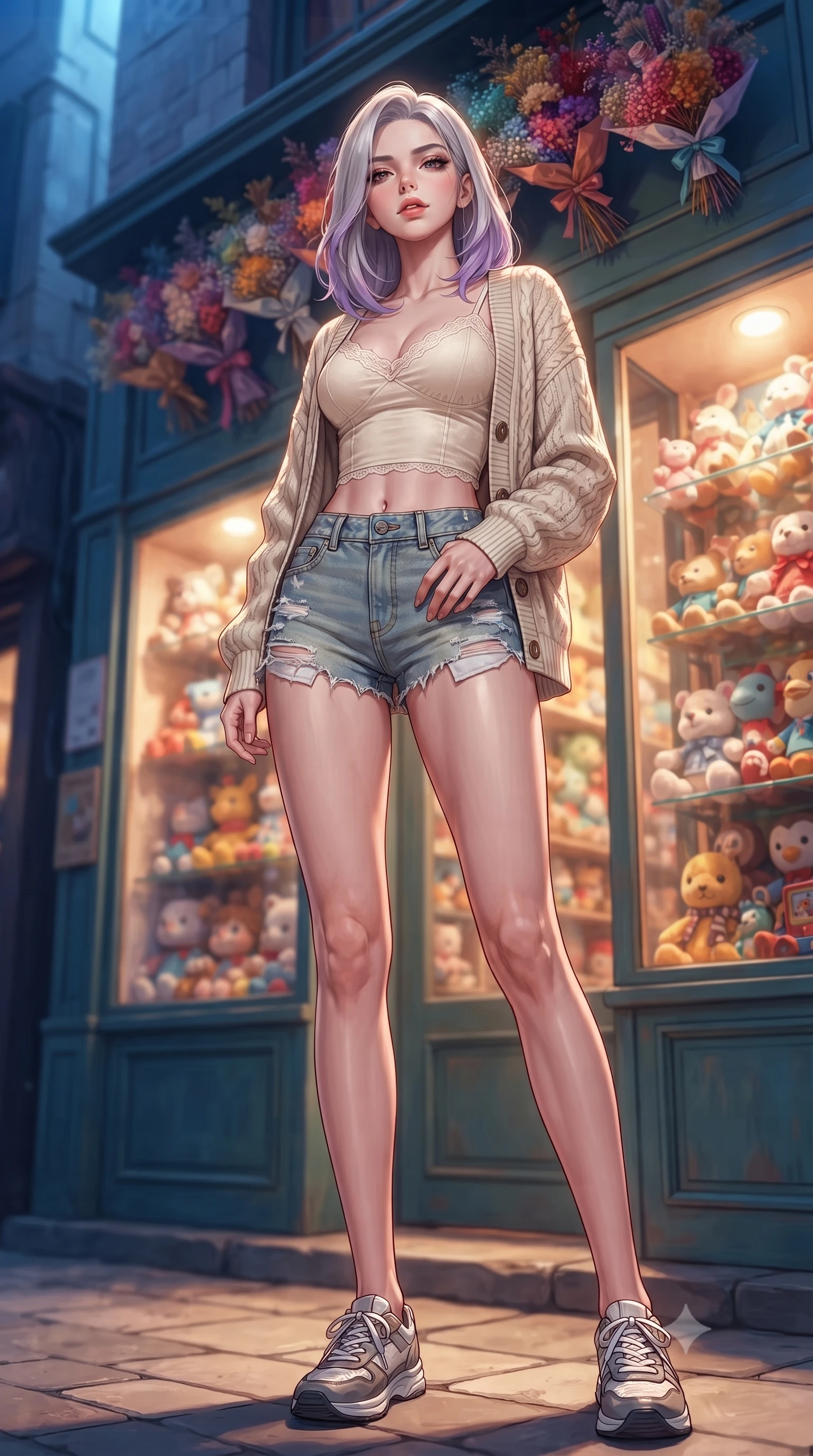 score_9, masterpiece, best quality, ultra-detailed, high-budget anime keyframe, editorial fashion photography, tasteful artistic composition, Caucasian woman. low angle full-body shot from head to toe showing her feet, filling the entire 9:16 vertical frame with her statuesque presence, stretching her vertical silhouette. standing in a captivating power pose, tilting her chin up with a smoldering, bright expression set against a soft-focus background of outside a retro toy boutique with cute window displays of stuffed animals with a display of colorful dried flower bouquets hanging from the shop roof. She has an absolutely perfect, statuesque 8.5-heads proportion, an exceptionally tall and slender model-like female figure with impossibly long slender legs and an ultra-slim waist. sharp v-shaped jawline, high-bridge nose, intricate jewel-like eyes with depth, thick eyelashes, glossy lips with a natural sheen. wearing body-hugging delicate lace-trim crop top in cream, worn under an open preppy cardigan and denim shorts. warm glow from the shop windows clashing with the cool blue alley shadows. highly saturated vibrant anime colors, detailed shading with soft gradients, rich glossy textures, high-contrast stereoscopic depth, volumetric dynamic lighting, master piece, 9:16 ratio