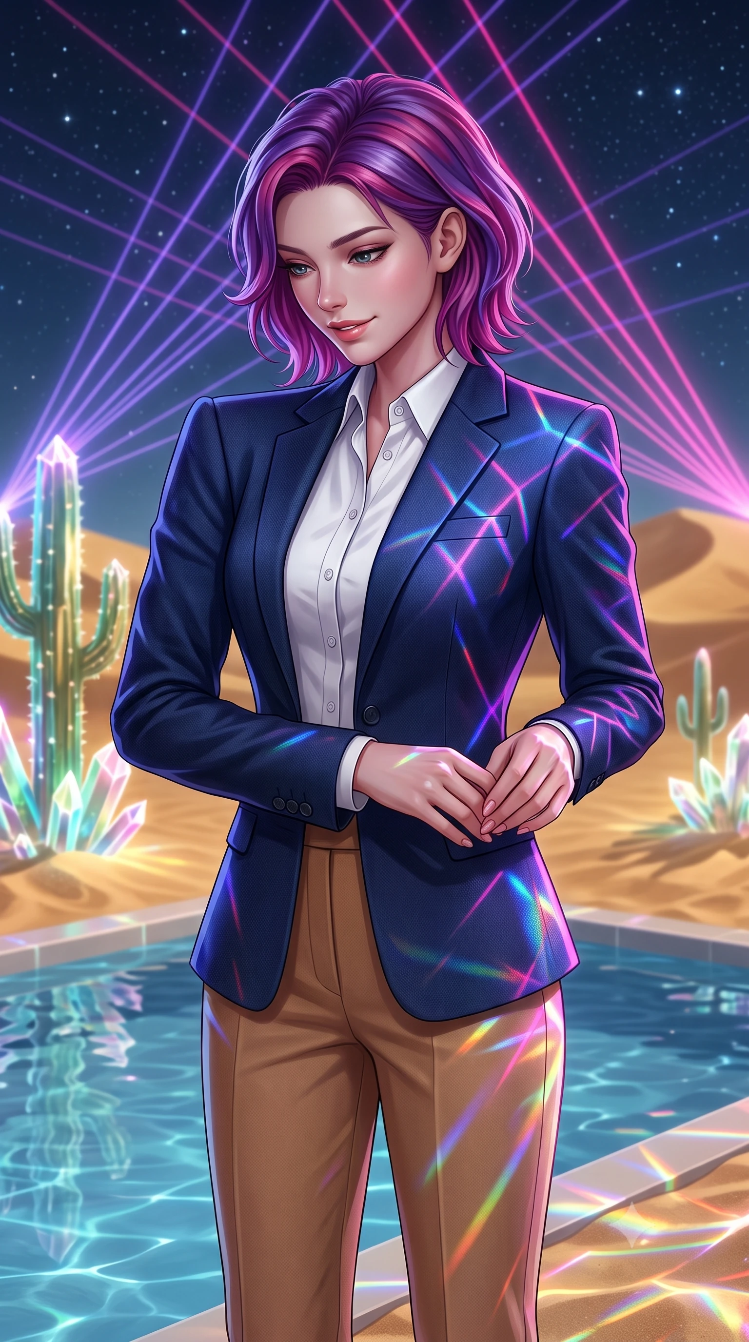 score_9, masterpiece, best quality, ultra-detailed, high-budget anime keyframe, editorial fashion photography, tasteful artistic composition, Caucasian woman, strictly human ears. close-up cowboy shot from the waist and thighs up, the character dominates the composition, filling the frame with her large presence, background elements kept in soft focus. Looking down with a gentle, thoughtful smile full of quiet warmth. set against a soft-focus background of standing beside a pristine desert pool surrounded by shifting gold sand dunes and glowing crystal cacti under a clear starry night. She has an exceptionally elegant, slender, and willowy female figure with a highly-defined ultra-slim waist, a gracefully sculpted slender torso, and a refined slim-fit silhouette that contours her form. sharp v-shaped jawline, high-bridge nose, intricate jewel-like eyes with depth, thick eyelashes, glossy lips with a natural sheen. wearing a navy blue wool blazer over a crisp white button-down, paired with camel tailored slacks. laser lines of violet and hot pink reflecting off surfaces casting geometric neon highlights. 2k, ultra detail, master piece, 9:16 ratio