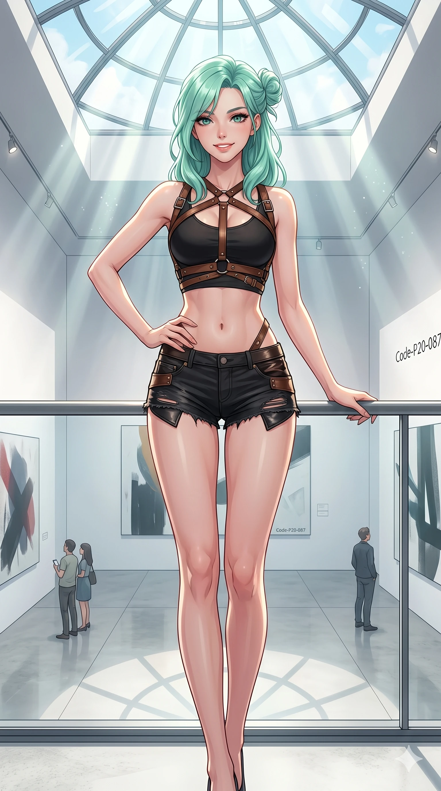 score_9, masterpiece, best quality, ultra-detailed, high-budget anime keyframe, vibrant anime aesthetic, Japanese woman. cowboy shot from the thighs up, character and outfit filling the frame for maximum presence. She is standing on the balcony, looking at the camera with a confident, radiant smile inside a bright, minimalist art gallery at noon (Code-P20-087). She has an absolutely perfect 8-heads proportion, an exceptionally tall and slender female figure with impossibly long slender legs and an ultra-slim waist. V-shaped jawline, high-bridge nose, intricate jewel-like eyes with depth, thick eyelashes, glossy lips with a natural sheen. wearing a leather harness over a crop top exposing midriff and micro-shorts. She is illuminated by dramatic, volumetric sunlight streaming through a glass atrium dome. 2k, ultra detail, master piece, 9:16 ratio