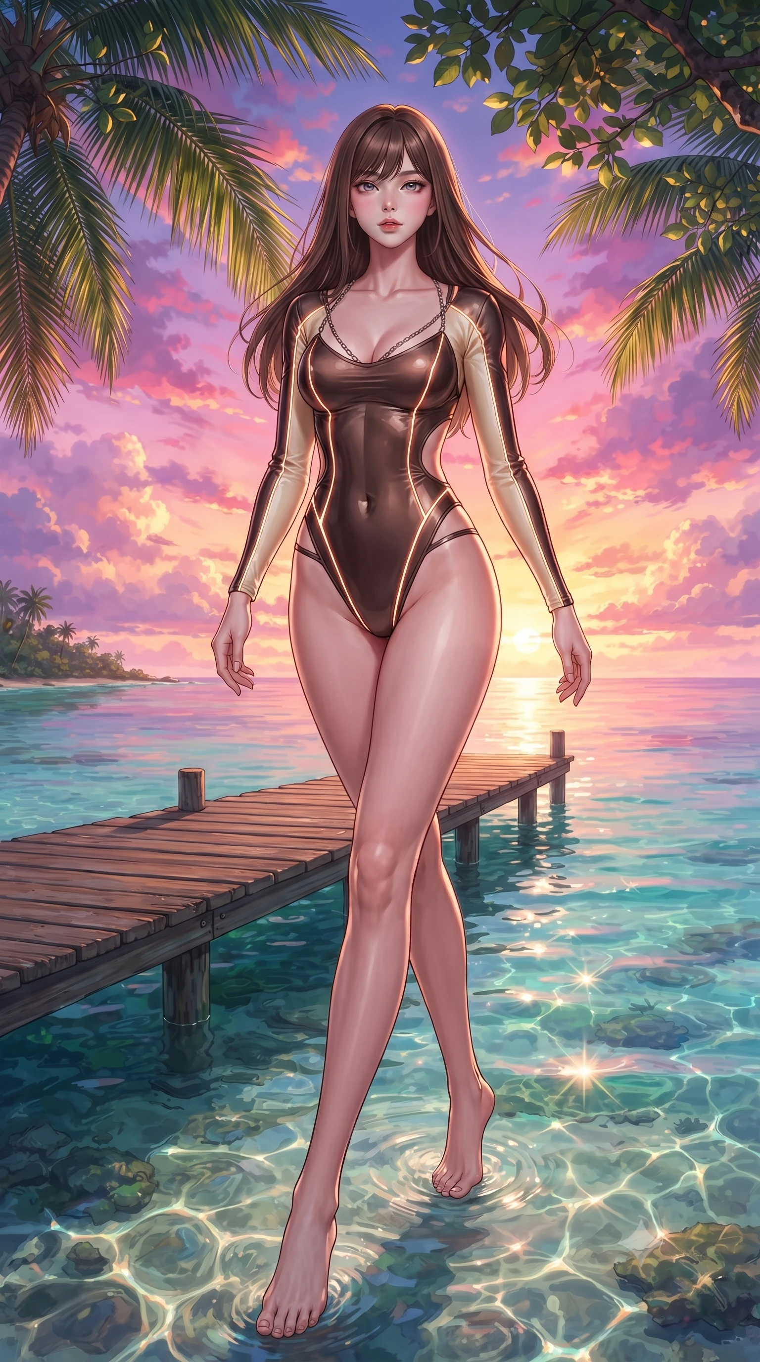 score_9, masterpiece, best quality, ultra-detailed, high-budget anime keyframe, editorial fashion photography, tasteful artistic composition, Korean woman. low angle full-body shot from head to toe showing her feet, filling the entire 9:16 vertical frame with her statuesque presence, stretching her vertical silhouette. stepping forward with proud posture, filling the vertical frame with her magnetic presence poised on a palm-shaded wooden pier leading into crystal-clear tropical water, dazzling tropical sunlight creating glittering water refractions. She has an absolutely perfect, statuesque 8.5-heads proportion, an exceptionally tall and slender model-like female figure with impossibly long slender legs and an ultra-slim waist. sharp v-shaped jawline, high-bridge nose, intricate jewel-like eyes with depth, thick eyelashes, glossy lips with a natural sheen. wearing a skin-tight cybernetic bodysuit with glowing neon seams and side cutouts in espresso brown and warm cream, woven from fine semi-opaque sheer organza, adorned with delicate metallic chain straps along the neckline, the form-contouring material highlighting her ultra-slim waist and long lines. illuminated by a brilliant sunset sky painting the clouds in magenta and orange. highly saturated vibrant anime colors, detailed shading with soft gradients, rich glossy textures, high-contrast stereoscopic depth, volumetric dynamic lighting, master piece, 9:16 ratio