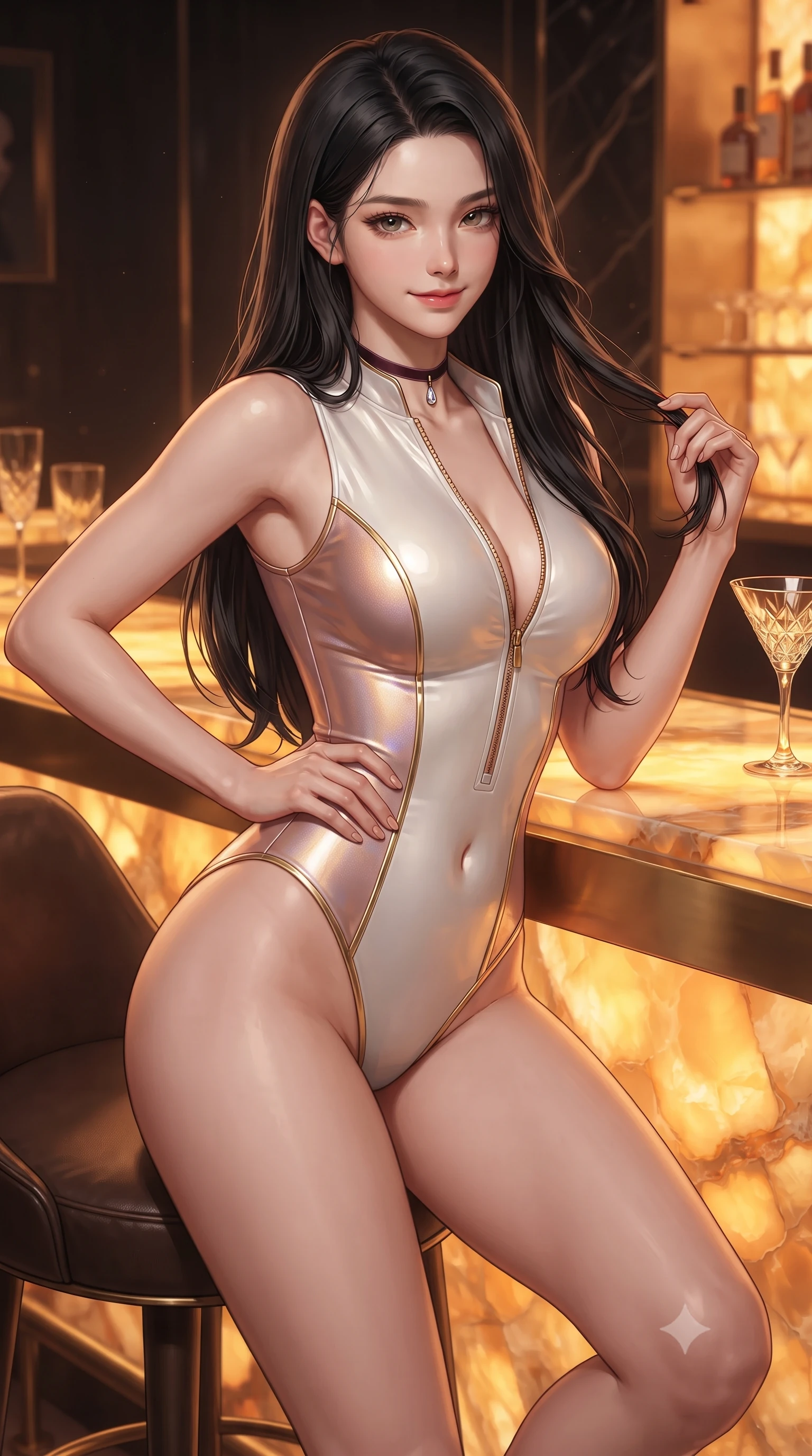 score_9, masterpiece, best quality, ultra-detailed, high-budget anime keyframe, editorial fashion photography, tasteful artistic composition, Korean woman. close-up cowboy shot from the waist and thighs up, the character dominates the composition, filling the frame with her large presence. twisting her slender torso in an alluring contrapposto stance, one hand resting on her sculpted hip while her fingers toy with her hair with effortless poise while turning slowly on the barstool with a teasing half-smile, running one hand lightly along the counter with effortless magnetic allure. The surrounding environment is rendered in vivid detail and crisp panoramic clarity: sharp crystalline onyx stone veining relief, cut-crystal glass facets, and polished brass bar edging in deep focus. She has an exceptionally elegant, slender, and willowy female figure with an ultra-slim waist, flat toned midriff, narrow ribcage, and sculpted feminine hips creating an alluring, slim hourglass silhouette without bulk. sharp v-shaped jawline, high-bridge nose, intricate jewel-like sparkling eyes with depth, thick eyelashes, glossy parted lips with a natural peach sheen, bright cheerful beaming smile with an enchanting and coquettish sensual glint, exuding both youthful cute charm and seductive allure, flawlessly proportioned anatomical accuracy, strict slender model proportions, natural body alignment, perfectly sculpted long slender limbs, ultra-slim waistline, clean dynamic posture without body distortion. wearing a form-contouring wet-look neoprene zip-front maillot with high-cut leg openings and gold racing side trims in pure pearl alabaster and iridescent rose gold, made of fluid liquid jersey with seamless sculpting hold and smooth contours, finished with a thin velvet ribbon choker and a single teardrop diamond pendant, the liquid-tight tailored fabric clinging flawlessly to her narrow waist and rounded feminine hips, emphasizing every millimeter of her sculpted slim hourglass curves without any bulky heaviness. bathed in the rich, radiant warm-amber under-glow of the backlit translucent onyx slab. ultra-reflective glossy finish, specular highlights, rich textural contrasts, high-contrast stereoscopic depth, volumetric dynamic lighting, 2k, ultra detail, master piece, 9:16 ratio