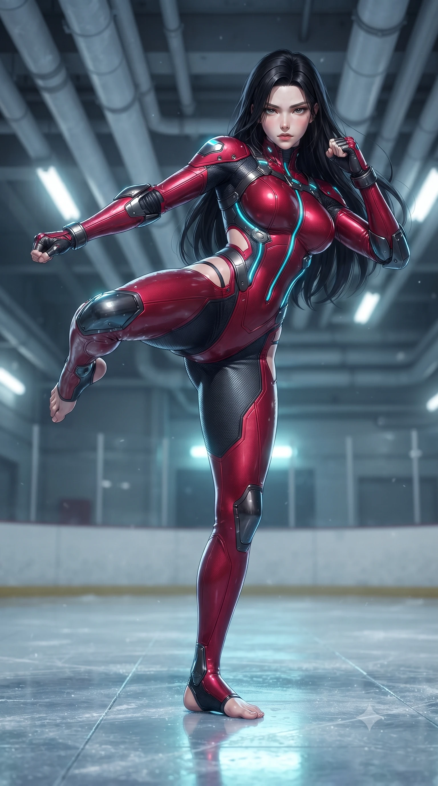 score_9, masterpiece, best quality, ultra-detailed, high-budget anime keyframe, editorial fashion photography, tasteful artistic composition, Korean woman. low angle full-body shot from head to toe showing her feet, filling the entire 9:16 vertical frame with her statuesque presence, stretching her vertical silhouette. pivoting dynamically in a high-speed low sweep kick along the reflective floor, her athletic torso and ultra-slim waist twisting in a fluid arc of power while pivoting dynamically on ice-slicked tiles as cyan cryo-mist billows gracefully around her athletic, form-fitting armor. The composition keeps background elements in soft focus with creamy bokeh. overhead frosted conduit pipes and emergency strobe lights softened in quiet atmospheric focus. She has an absolutely perfect, statuesque 8.5-heads proportion, an exceptionally tall and slender model-like female figure with impossibly long slender legs, a toned flat midriff, and an ultra-slim waist. sharp v-shaped jawline, high-bridge nose, intricate jewel-like eyes with depth, thick eyelashes, glossy lips with a natural sheen, flawlessly proportioned anatomical accuracy, strict slender model proportions, natural body alignment, perfectly sculpted long slender limbs, ultra-slim waistline, clean dynamic posture without body distortion. wearing a skin-tight crimson carbon-weave battle-suit with metallic dark chrome elbow dampers and hip-accentuating cutouts in matte obsidian carbon black with electric cyan conduits, made of lightweight aerodynamic carbon-titanium alloy with polished edge bevels, reinforced by a sleek titanium kinetic harness and glowing micro-energy straps, the precision-cut daring openings accentuating her delicate midriff, graceful bare collarbones, and ultra-slim feminine waistline. bathed in glowing cyan cryogenic stasis radiance and cool white emergency strobe lighting. ultra-reflective glossy finish, specular highlights, dark metallic sheen, high-contrast stereoscopic depth, volumetric dynamic lighting, 2k, ultra detail, master piece, 9:16 ratio